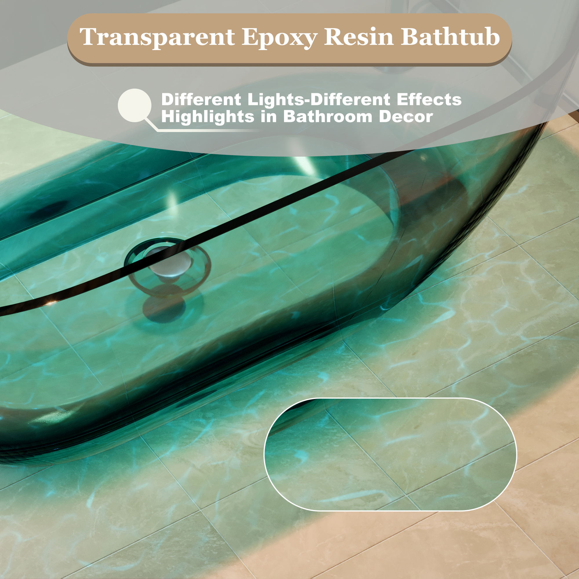  59" Resin Freestanding Bathtub Transparent Soaking Tub Modern Oval Design Stand Alone Tub with Pop-up Drain and Overflow,Black & Grey/Coffee/Purple/Blue