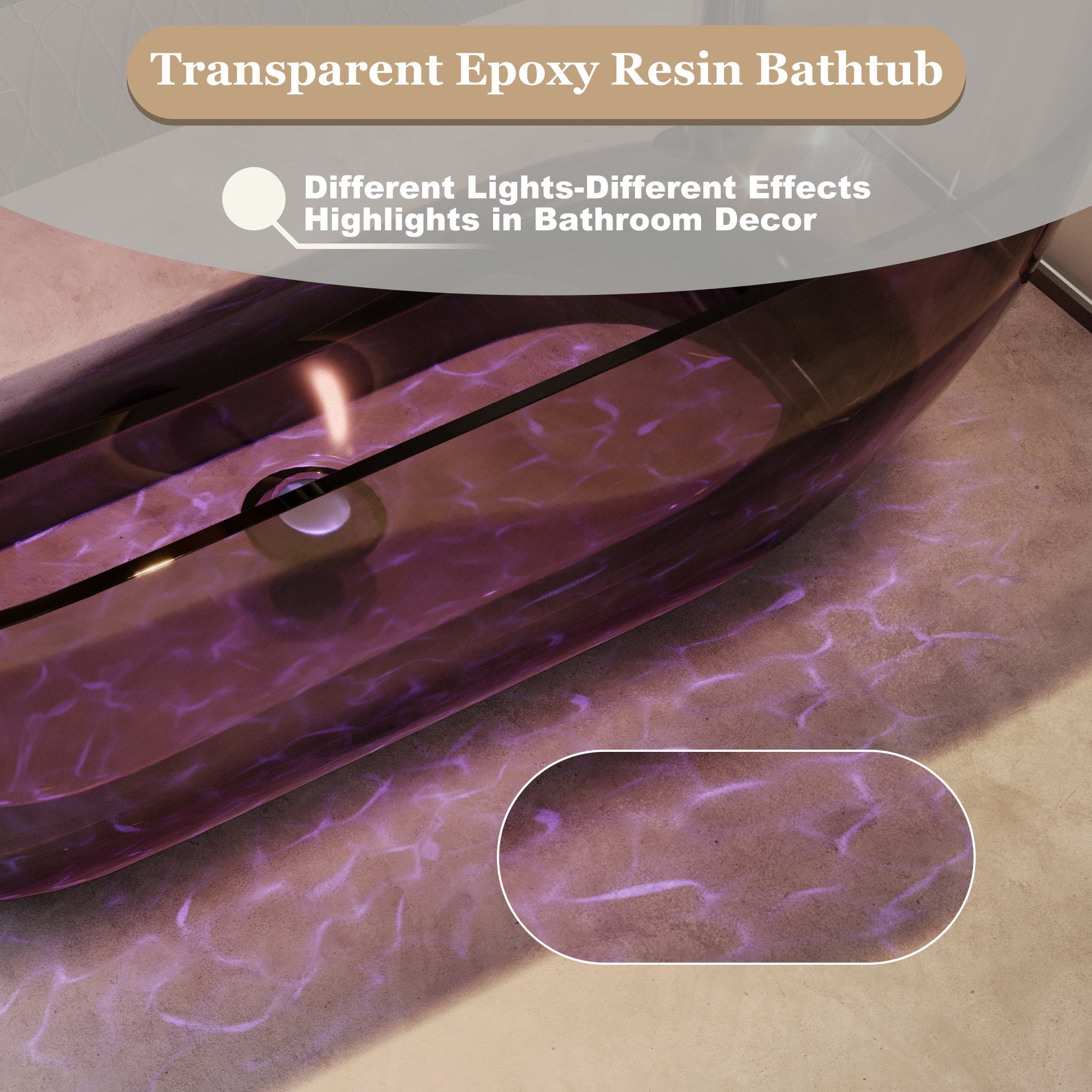 69" Resin Freestanding Bathtub Transparent Soaking Tub Modern Oval Design Stand Alone Tub with Pop-up Drain and Overflow,Black & Grey/Coffee/Purple/Blue