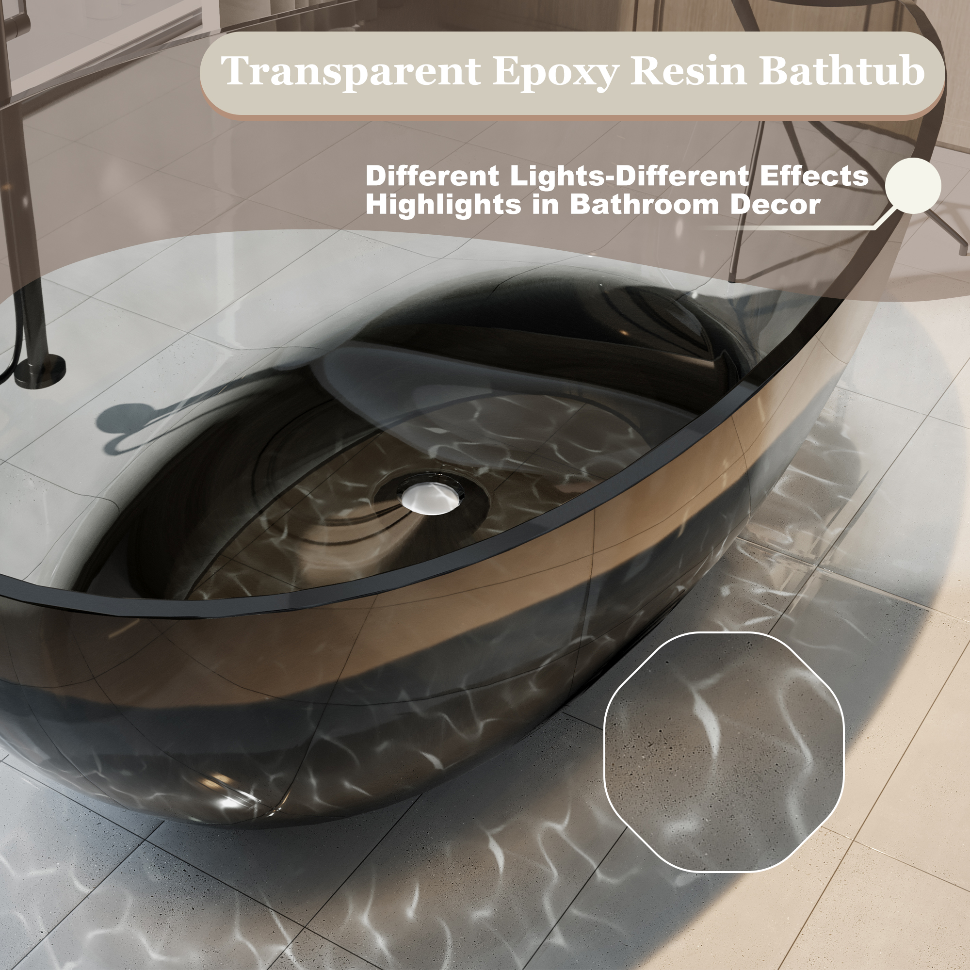 63" Freestanding Bathtub Transparent Resin Soaking Tub Modern Oval Design Stand Alone Tub with Overflow and Pop-up Drain