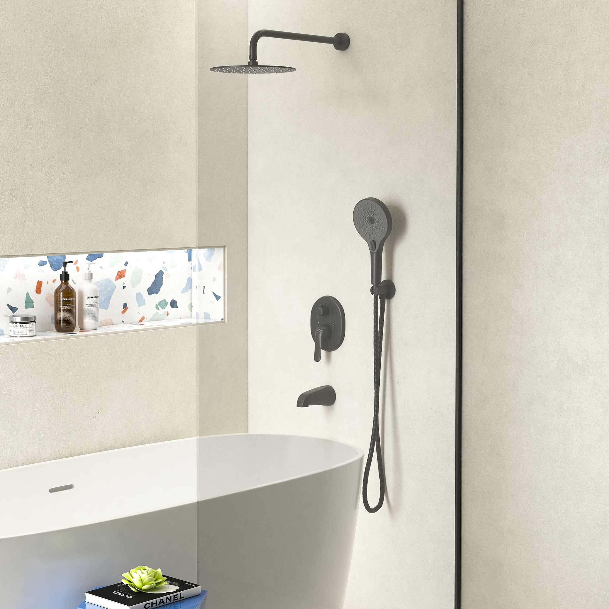 3-Spray Patterns Wall Mount Handheld Shower Head with Tub Faucet and 10 in. Shower Head 1.8 GPM in Matte Black