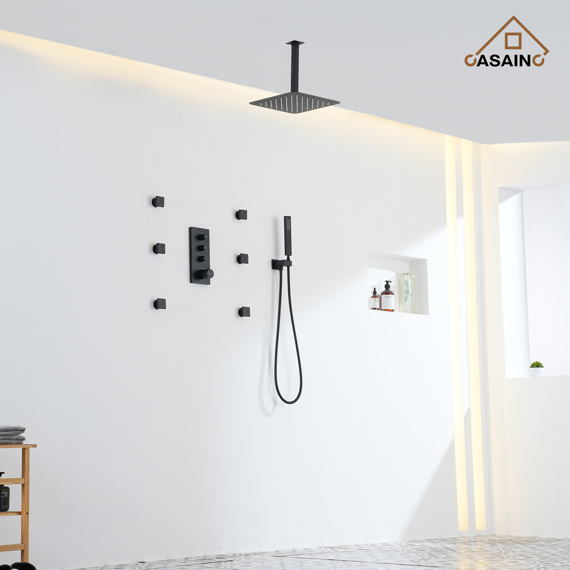 Thermostatic 2-Spray Patterns 12 in. Dual Ceiling Mount Fixed and Handheld Shower Head in Matte Black with 6-Jets