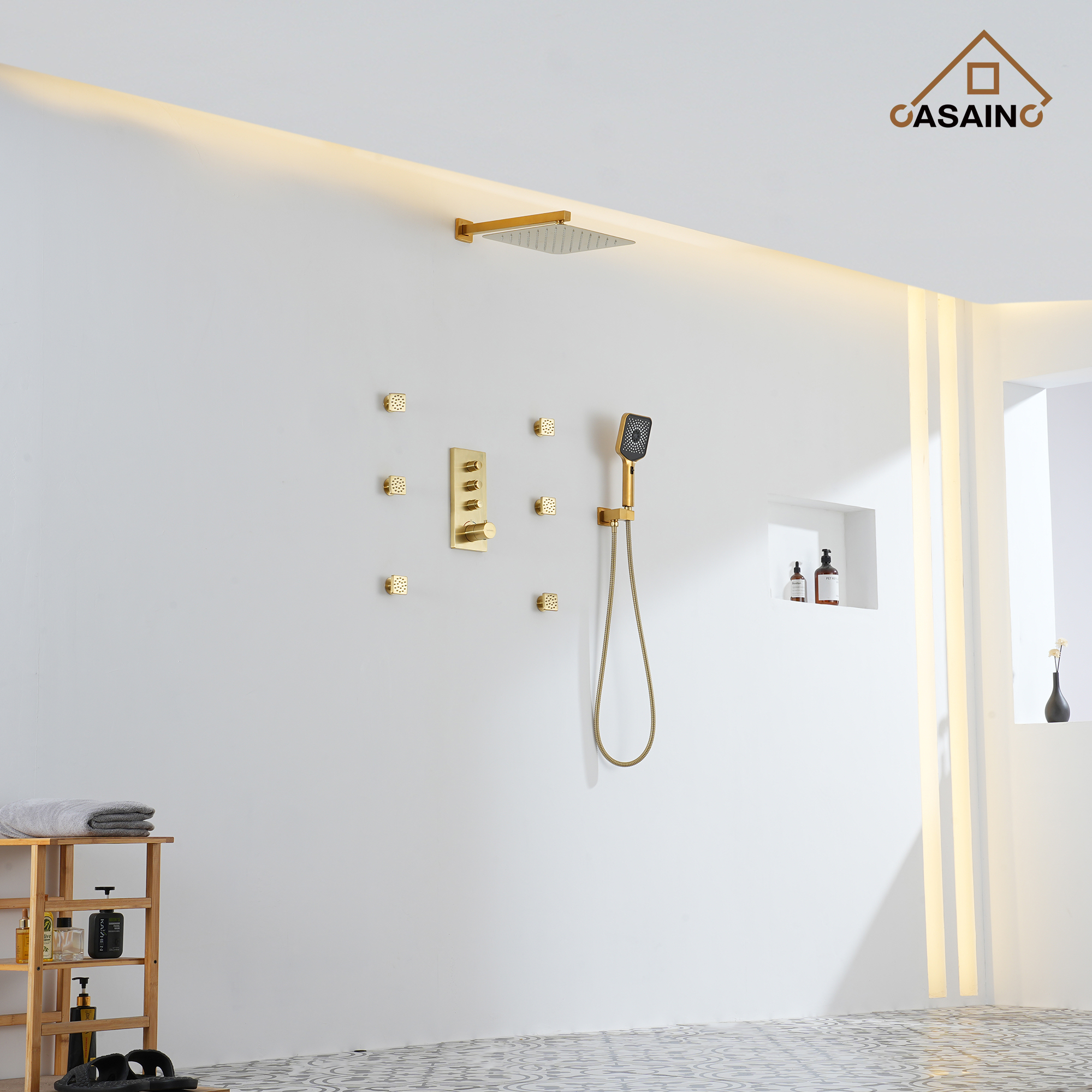Luxury Thermostatic 3-Spray Patterns 12 in. Flush Wall Mount/Ceiling Mount Rainfall Dual Shower Heads with 6-Jets in Brushed Gold