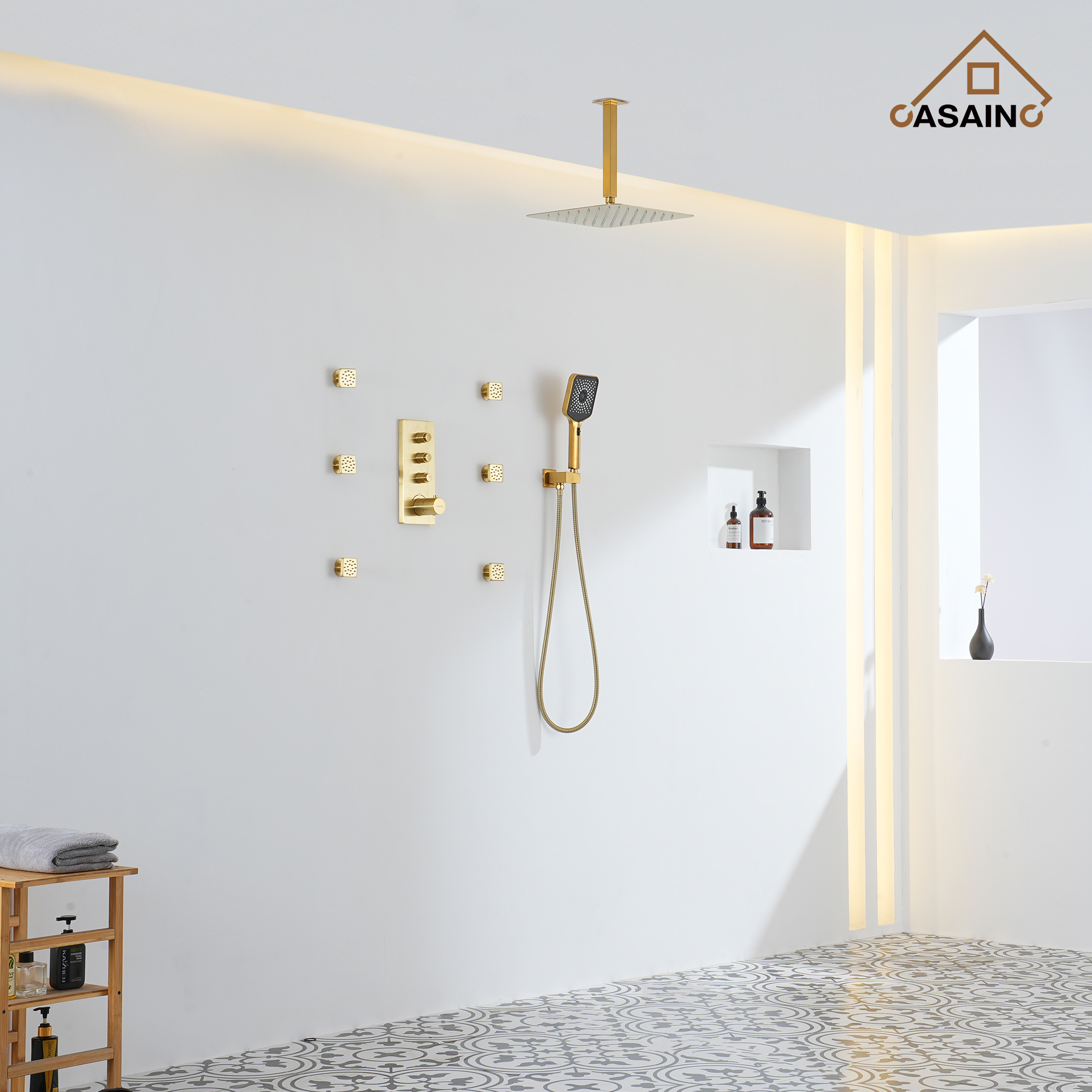 Luxury Thermostatic 3-Spray Patterns 12 in. Flush Wall Mount/Ceiling Mount Rainfall Dual Shower Heads with 6-Jets in Brushed Gold