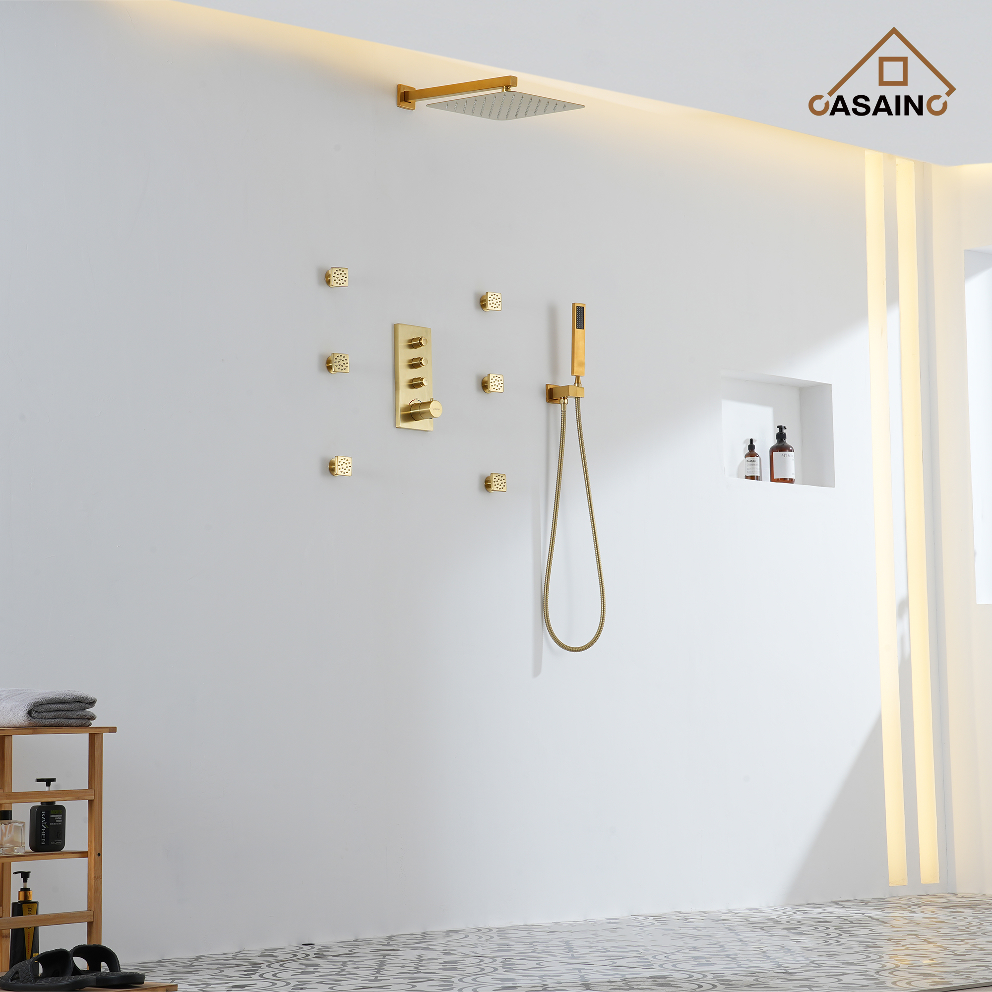 Brushed Gold 12-in Built-In Shower Faucet System with 3-way Diverter (Thermostatic Valve Included)