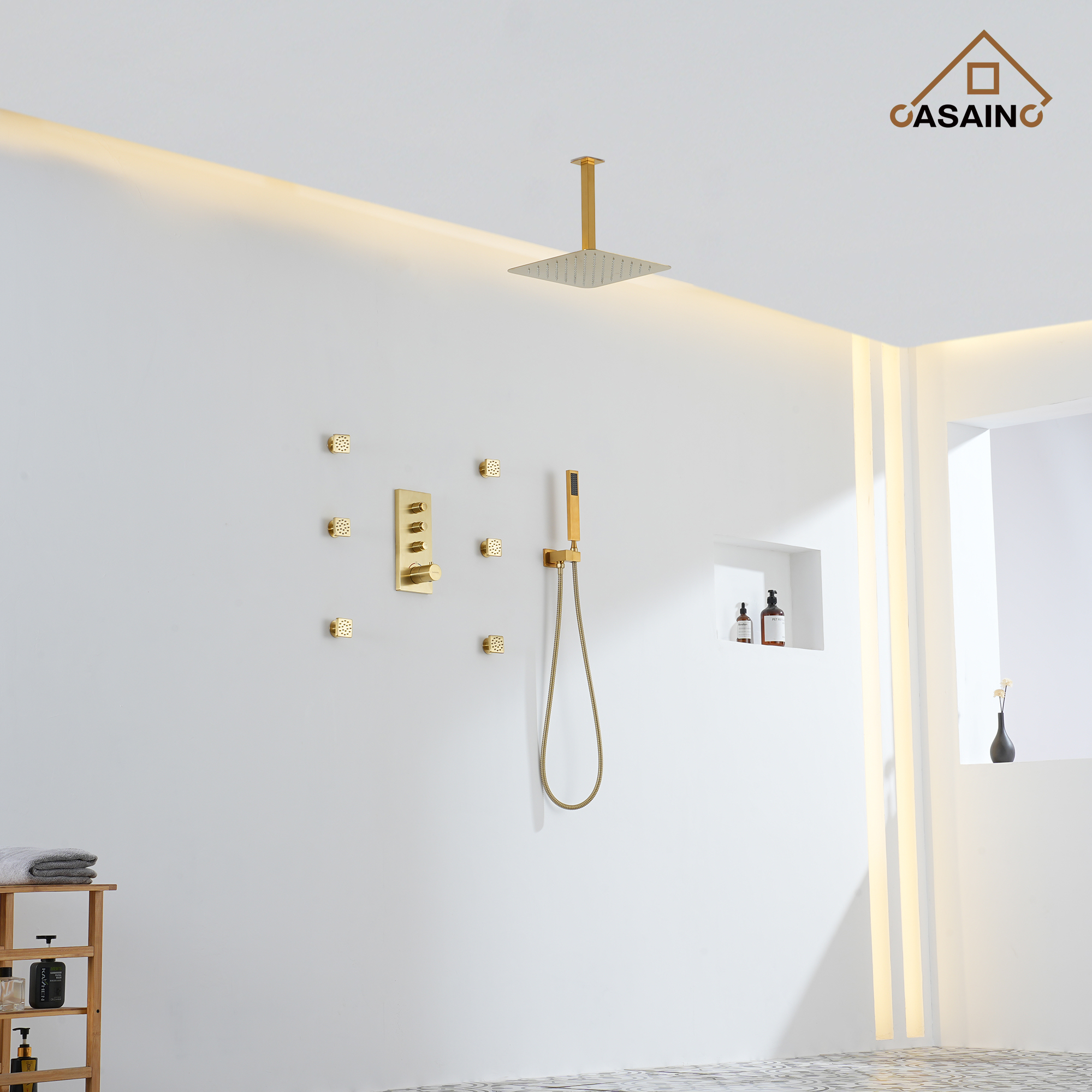 Brushed Gold 12-in Built-In Shower Faucet System with 3-way Diverter (Thermostatic Valve Included)