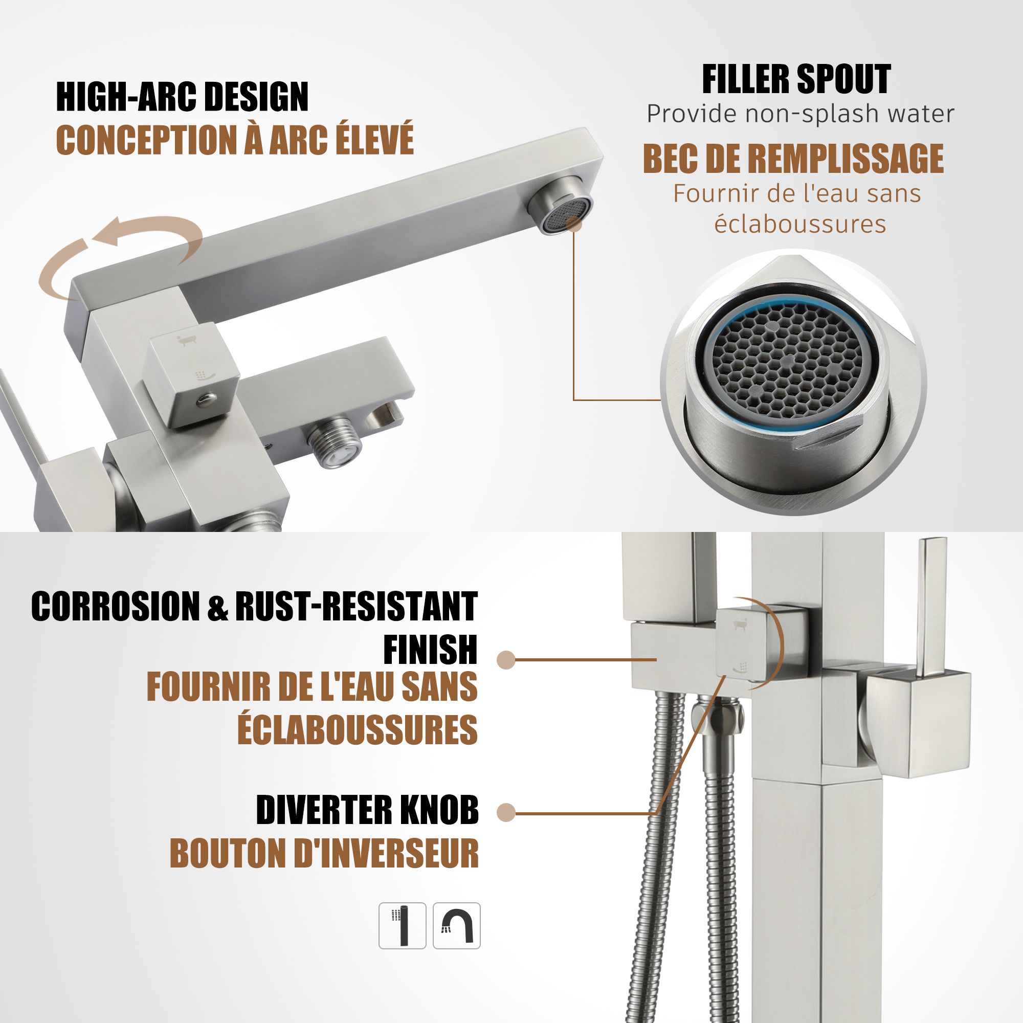 Tub Filler Freestanding Bathtub Faucet Stand Alone Floor Mount Tub Faucet Bathtub Filler with Hand Shower and Swivel Spout, CUPC Certification, 2.7 GPM High Flow Rate