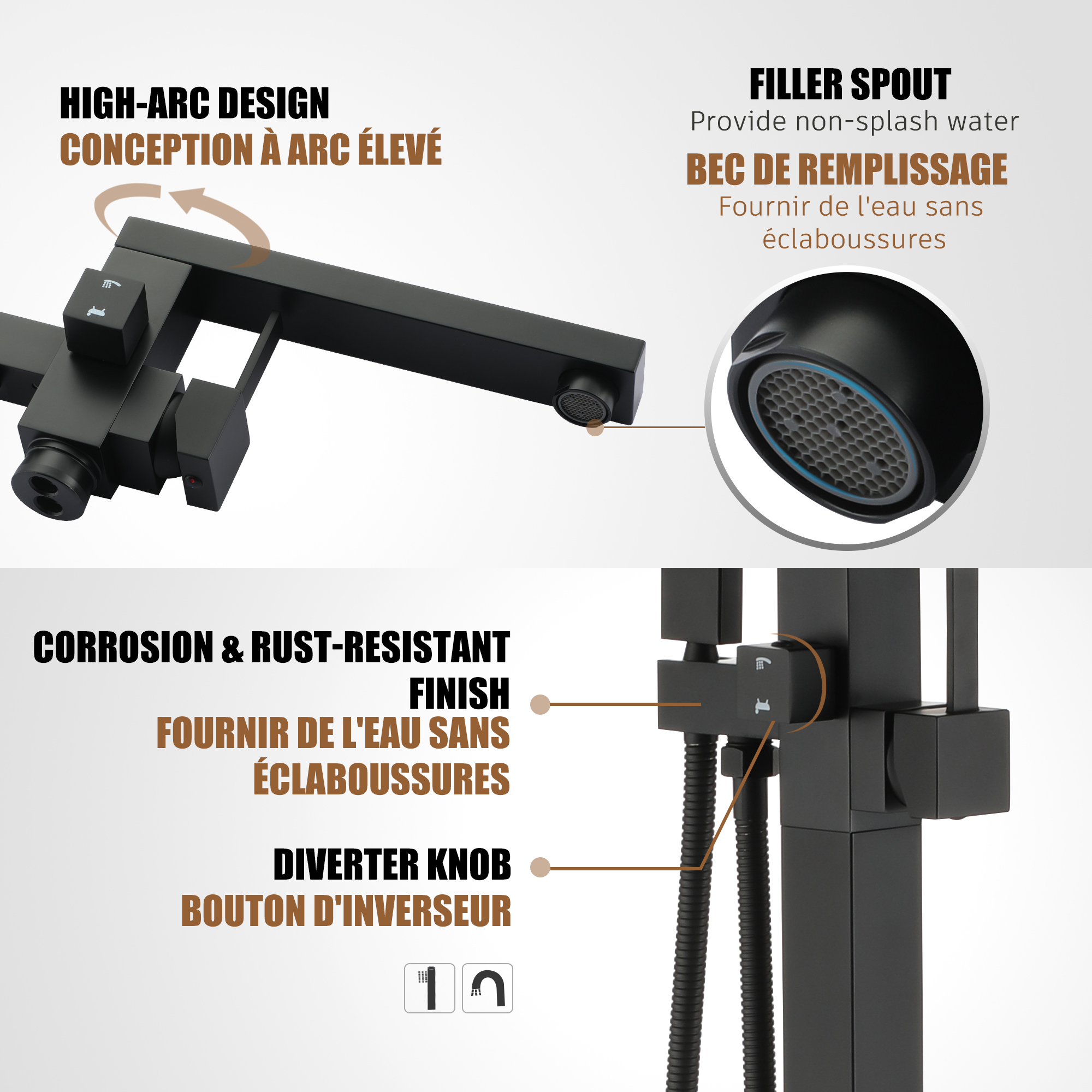 Tub Filler Freestanding Bathtub Faucet Stand Alone Floor Mount Tub Faucet Bathtub Filler with Hand Shower and Swivel Spout, CUPC Certification, 2.7 GPM High Flow Rate