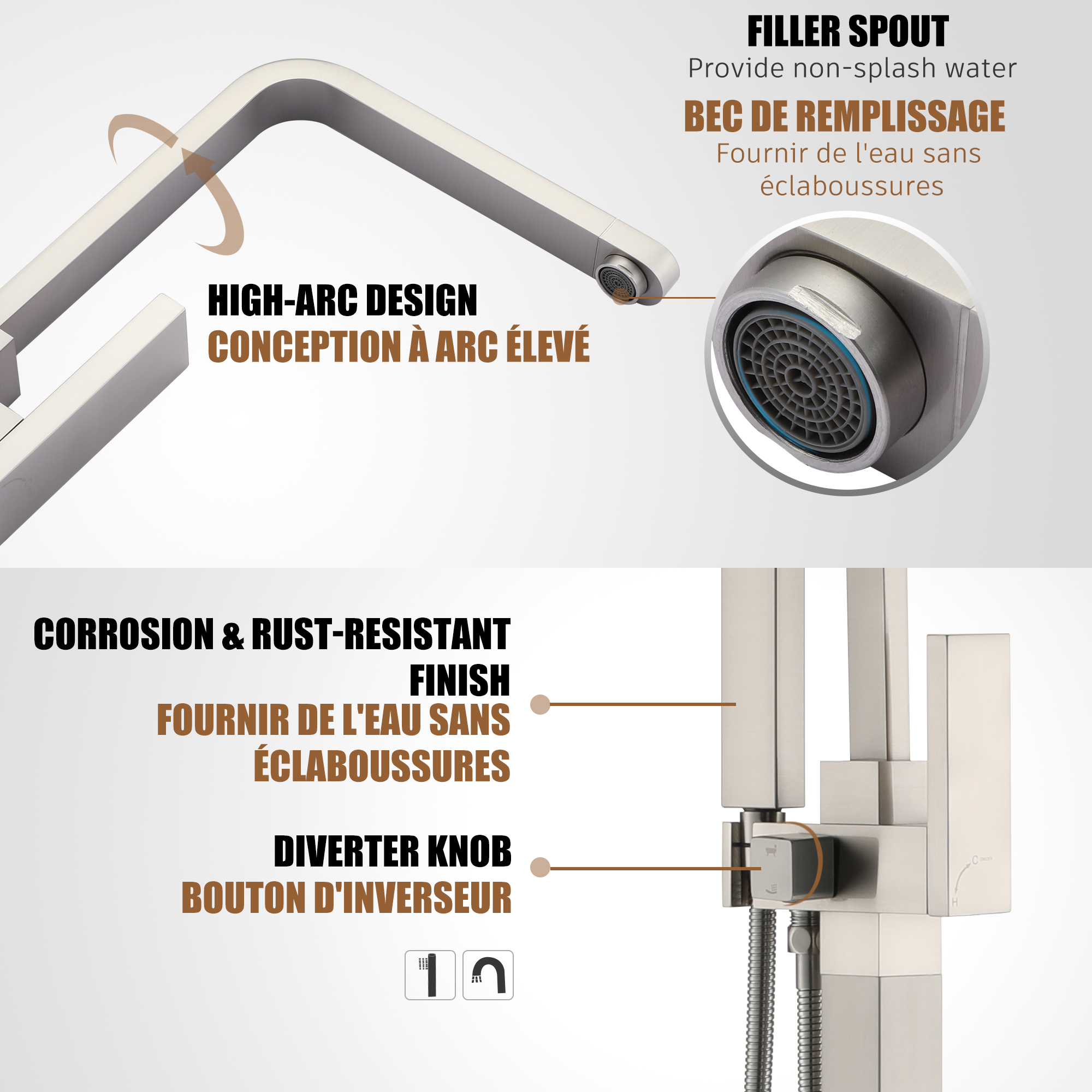 Single-Handle Free-Standing Tub Faucet with Rectangle Hand Shower in Brushed Brass/Brushed Nickel/Oil Rubbed Bronze/Matte Black