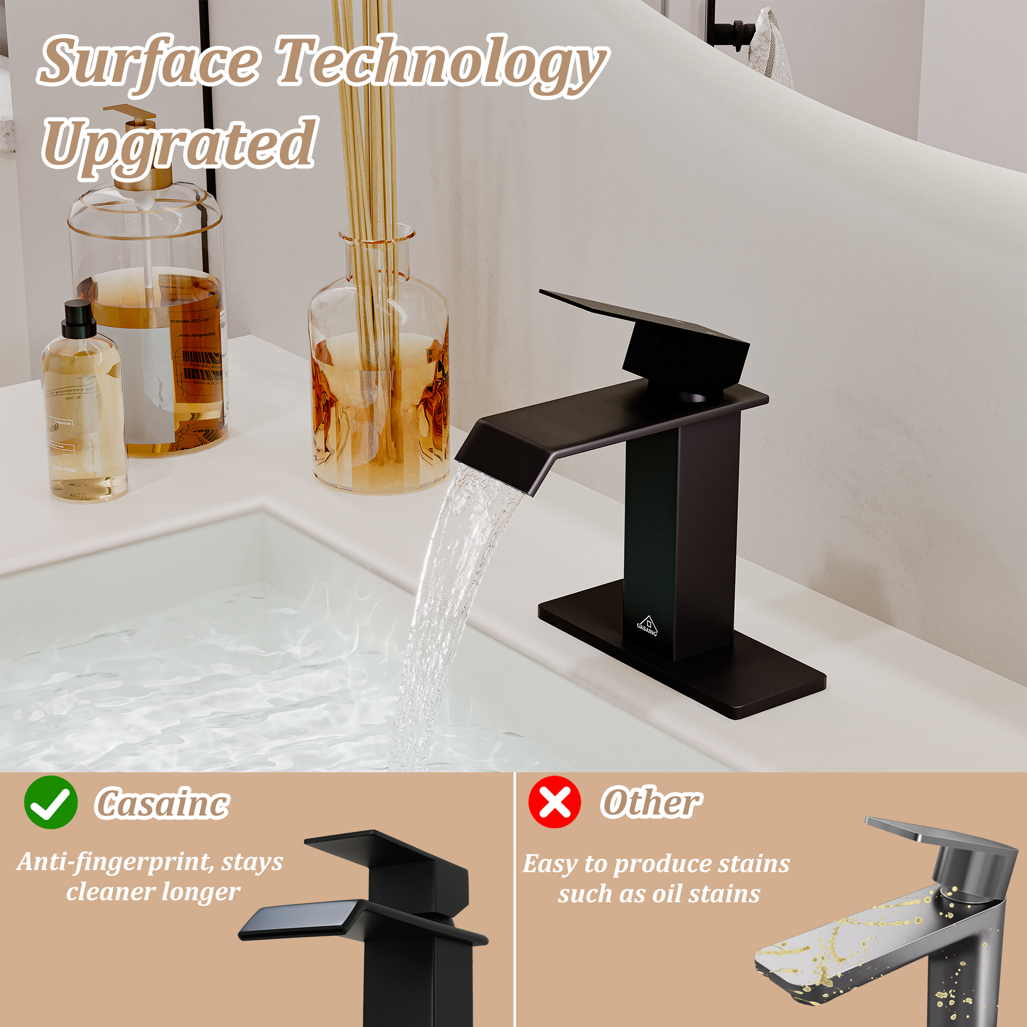 Single Handle Single Hole Bathroom Vanity Sink Waterfall Spout Bathroom Faucet in Matte Black