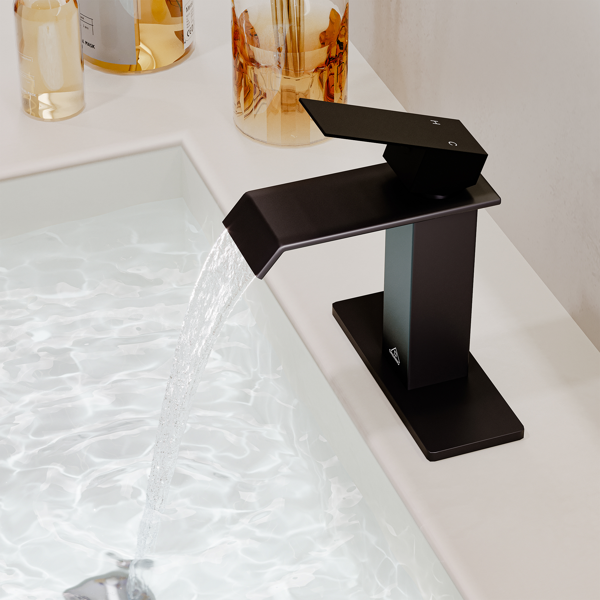 Single Handle Single Hole Bathroom Vanity Sink Waterfall Spout Bathroom Faucet in Matte Black