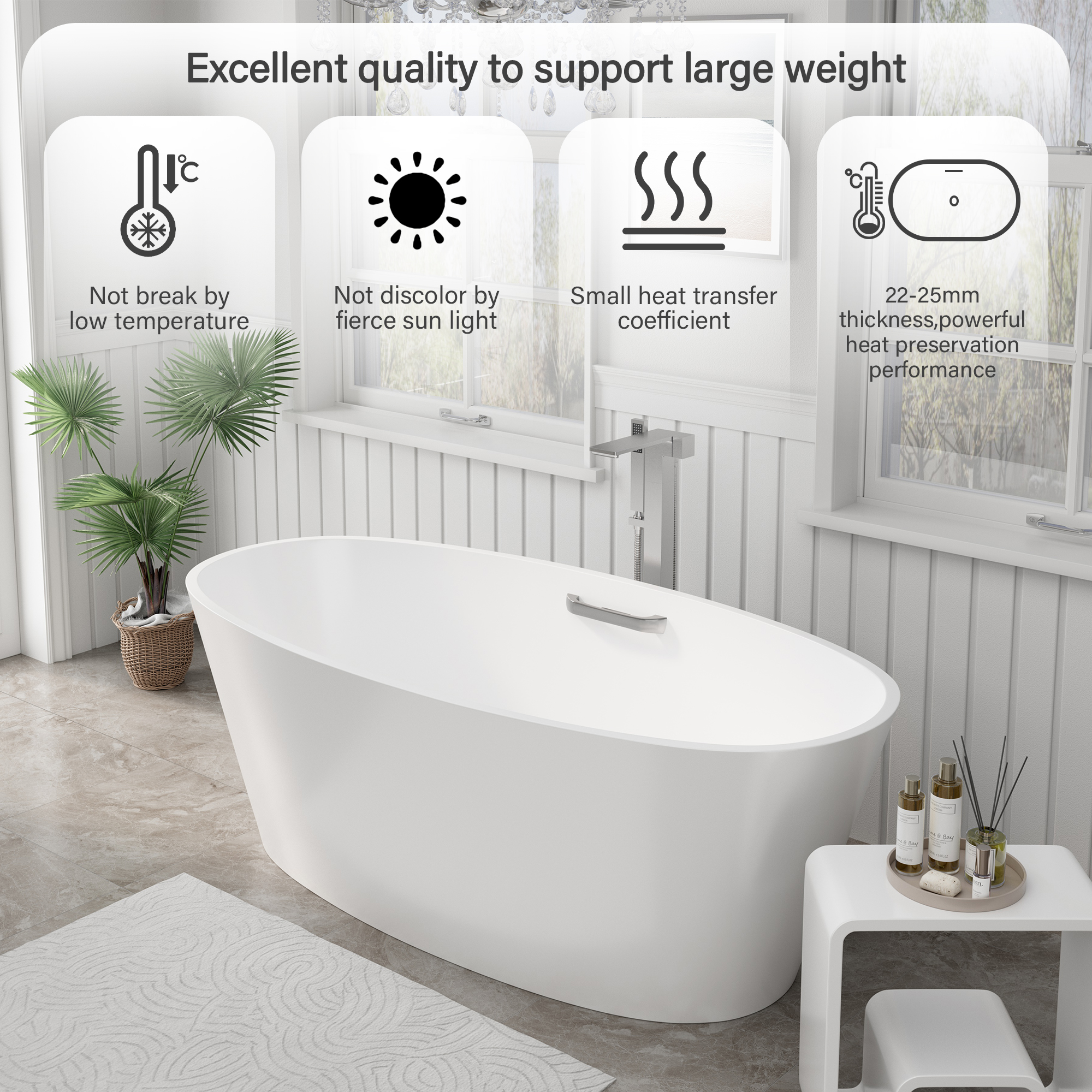 63" Matte White Solid Surface Freestanding Soaking Bathtub with One-Side Armrest