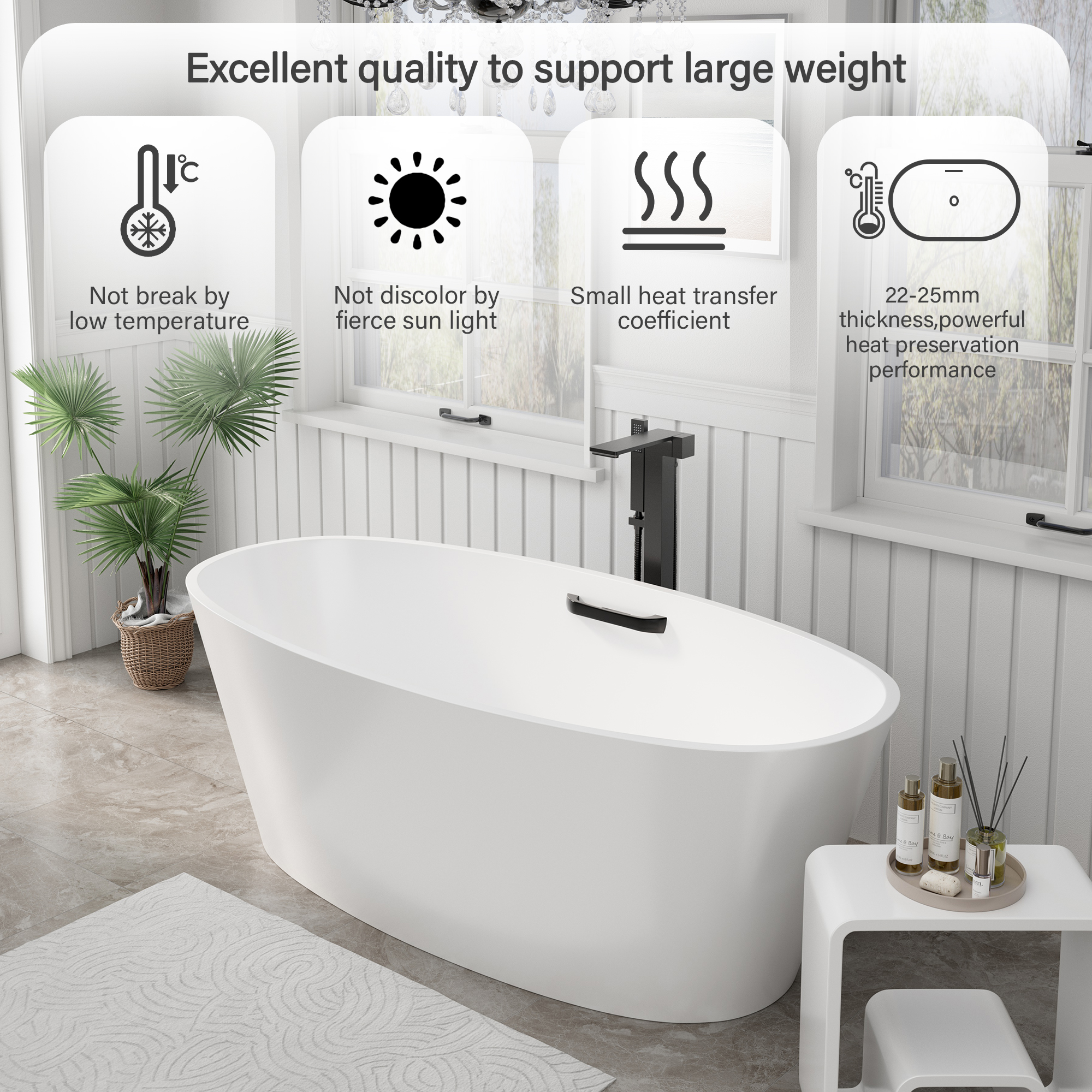 63" Matte White Solid Surface Freestanding Soaking Bathtub with One-Side Armrest