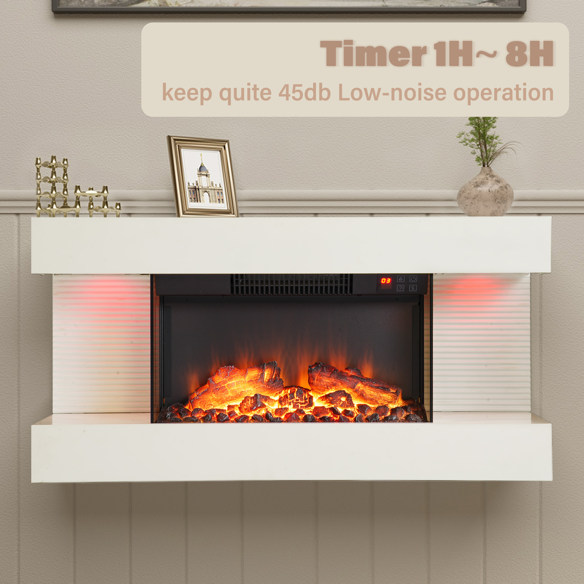 32-inch Wall Mounted Hanging Electric Fireplace with Remote Control in Black