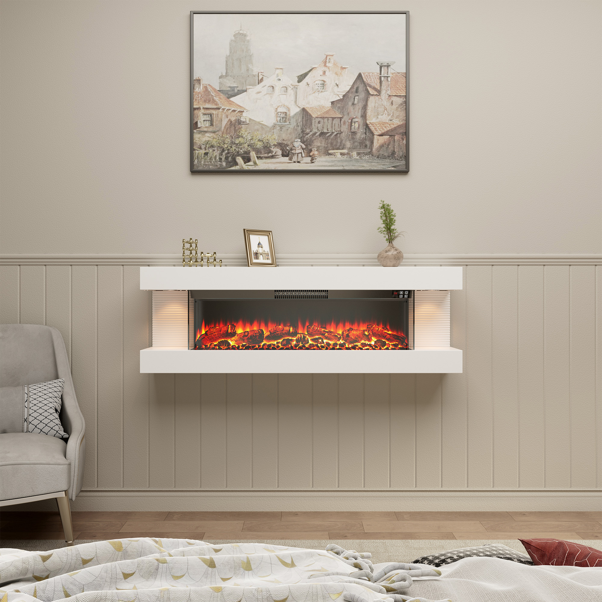 50-inch Wall Mounted Hanging Electric Fireplace with Remote Control in Black