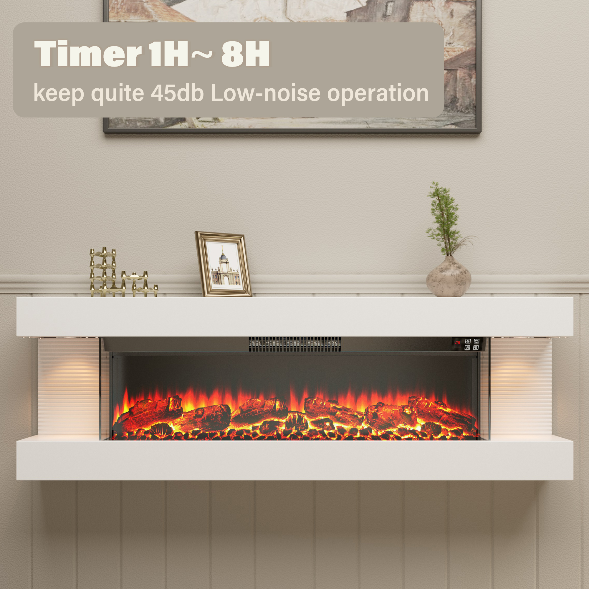 50-inch Wall Mounted Hanging Electric Fireplace with Remote Control in Black