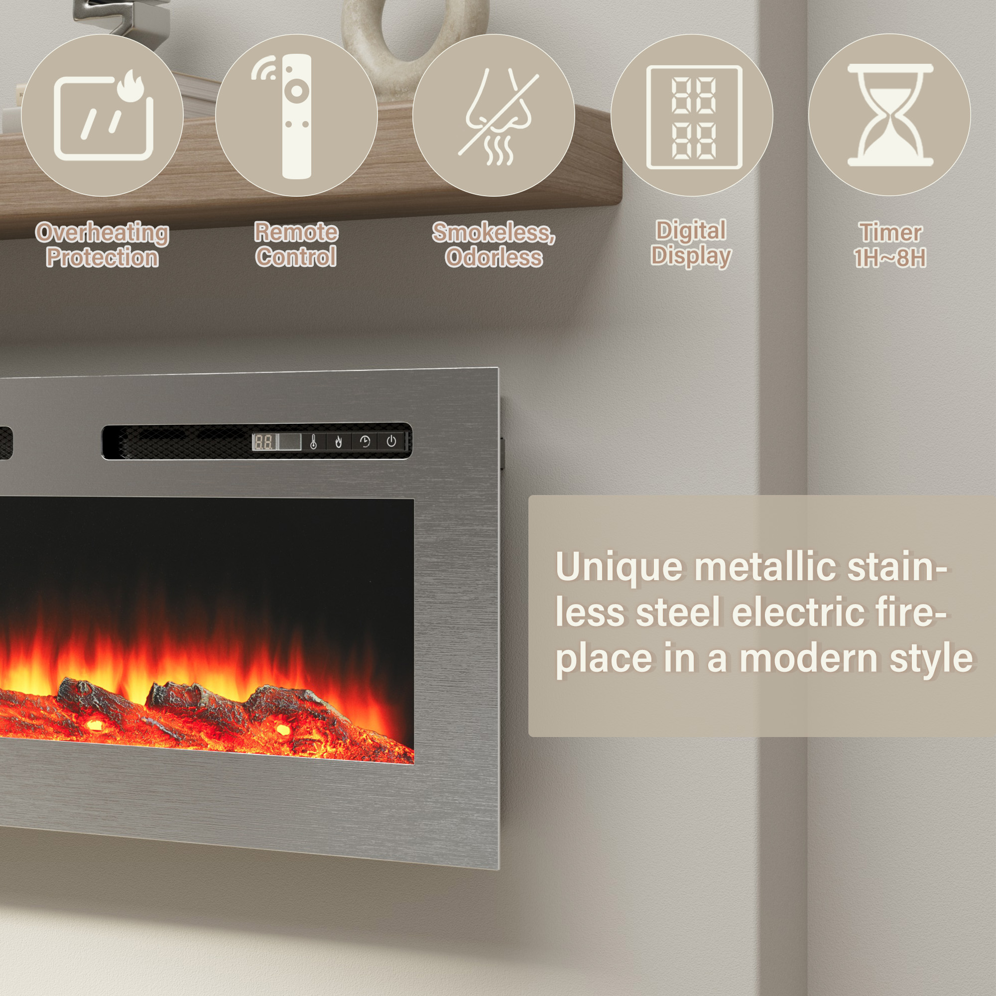 50 in. Wall Mounted and Recessed Electric Fireplace Insert with Stainless Steel Surface and 12 Flame Colors