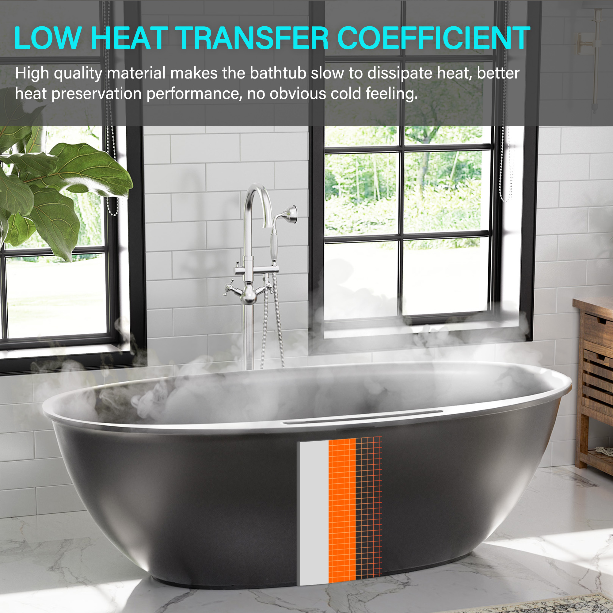 Matte white 67-inch artificial stone freestanding bathtub, hand-polished, with drainer + drain cover + drain pipe