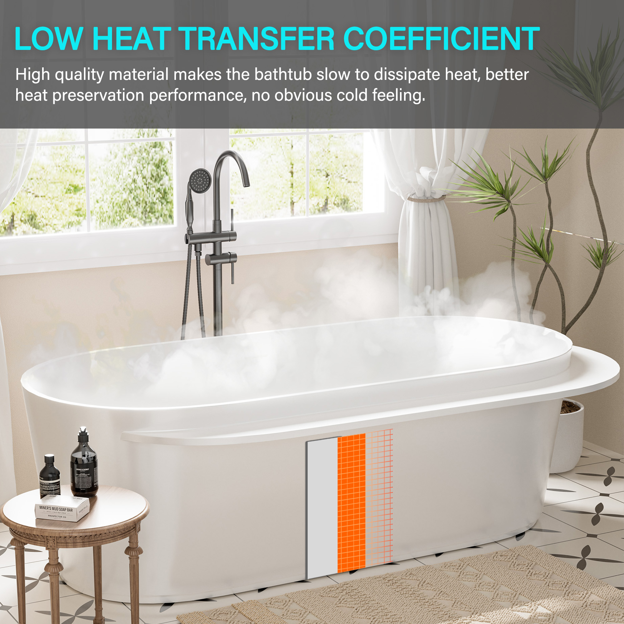 71 in. x 33 in. Solid Surface Stone Resin Freestanding Soaking Bathtub with Center Drain, Drainer, Hose in Matte White
