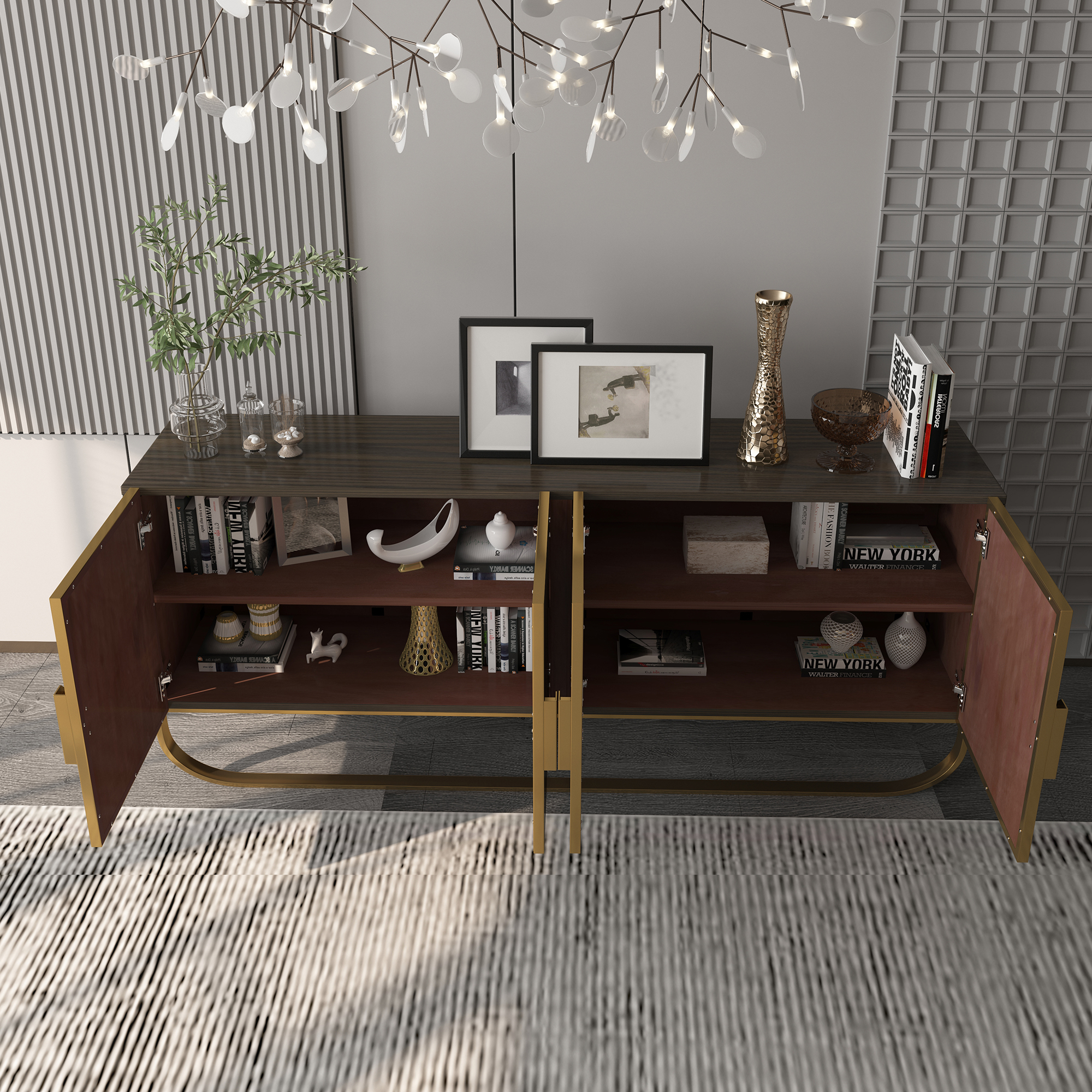 Dark Brown/White MDF 70.87 in. Modern Wood Grain Buffet Sideboard Dining Table with U-Shaped Stainless Steel Legs