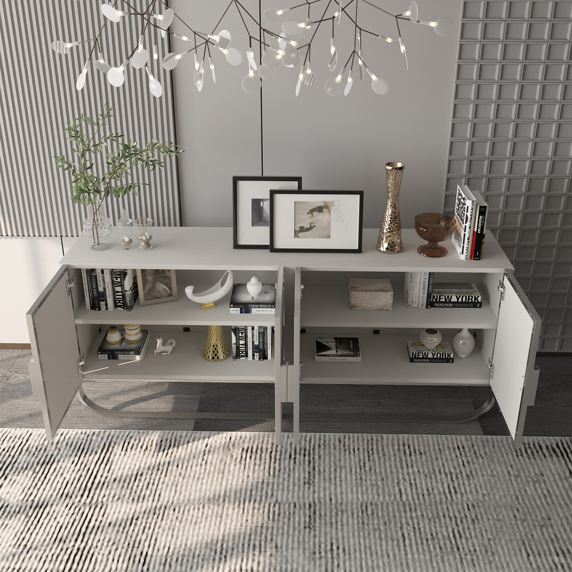 Dark Brown/White MDF 70.87 in. Modern Wood Grain Buffet Sideboard Dining Table with U-Shaped Stainless Steel Legs