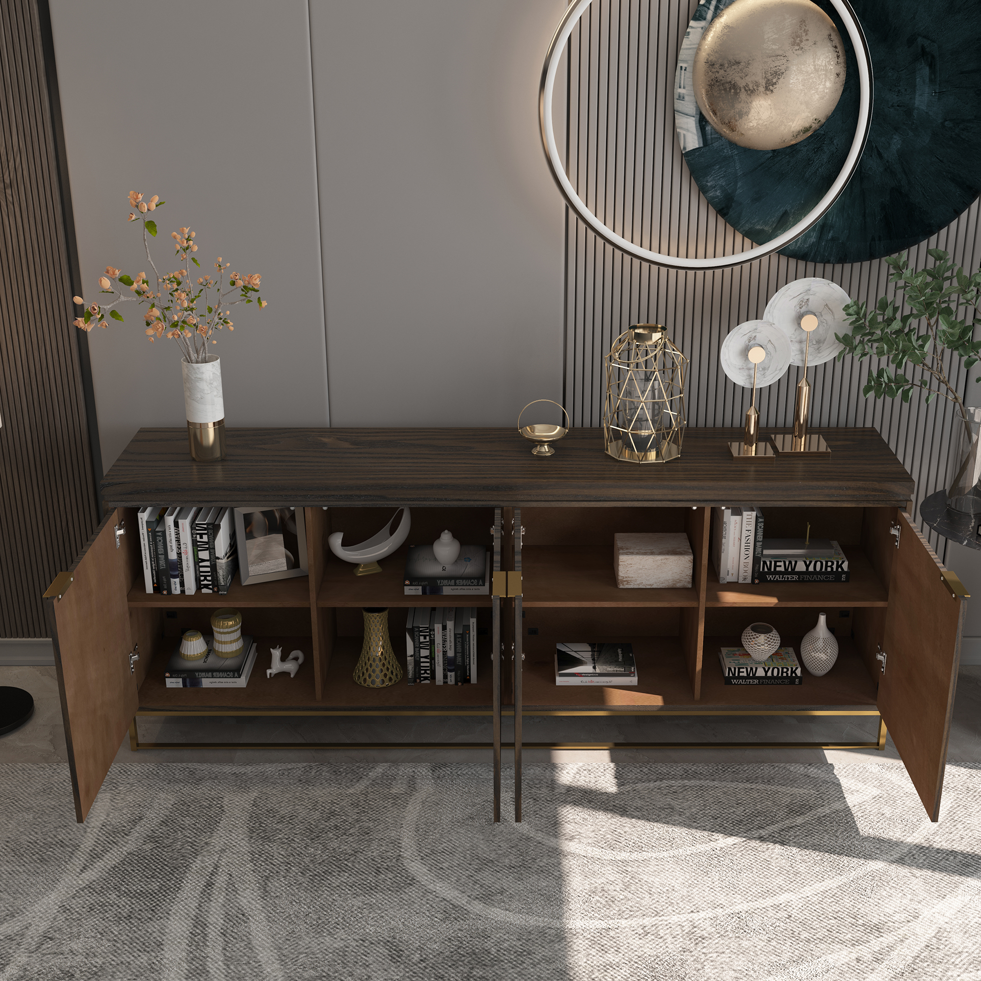 Dark Brown/White MDF 4-Door 81.5 in. Modern Buffet Sideboard Dining Table with Stainless Steel Brushed Gold Legs