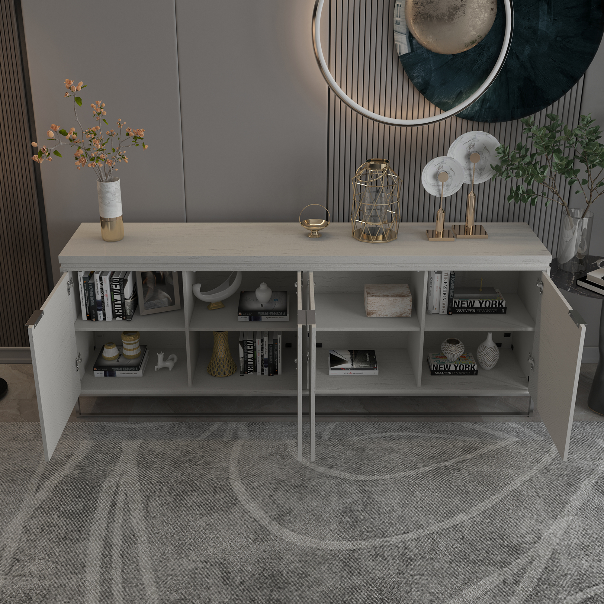 Dark Brown/White MDF 4-Door 81.5 in. Modern Buffet Sideboard Dining Table with Stainless Steel Brushed Gold Legs