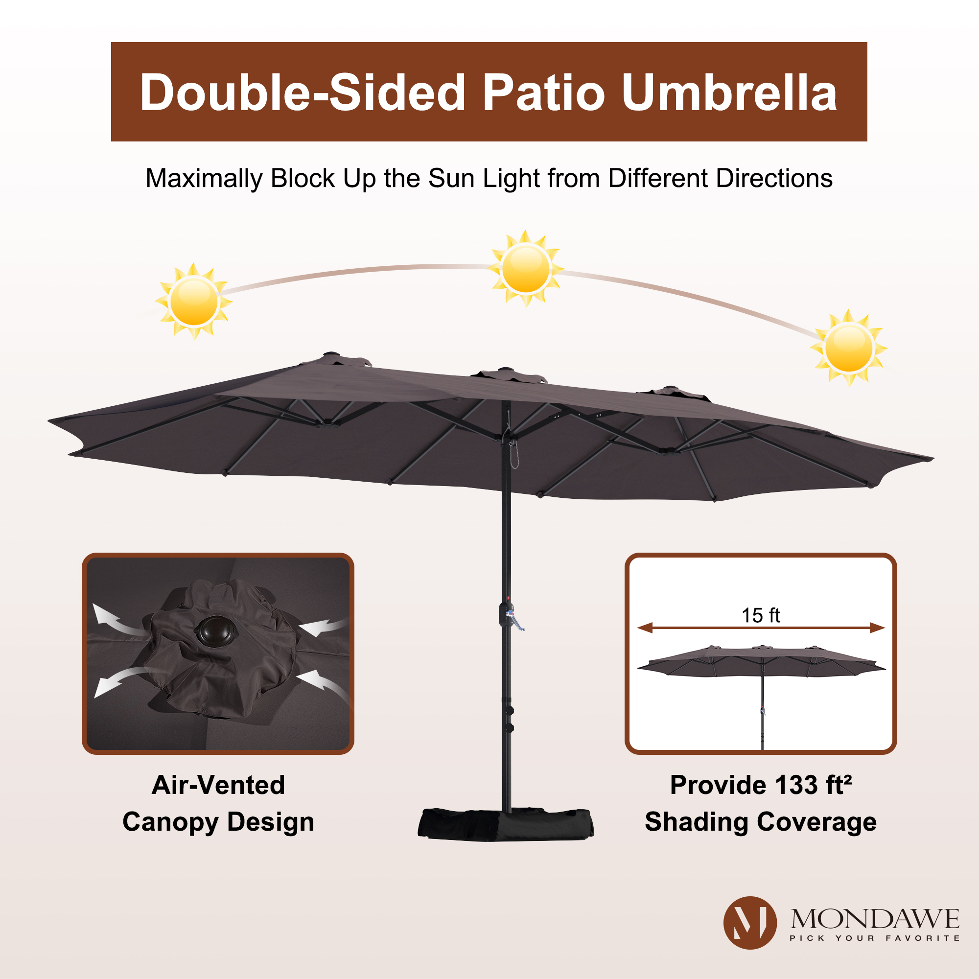 Mondawe 15ft Rectangular Patio Market Umbrella with Base-Mondawe