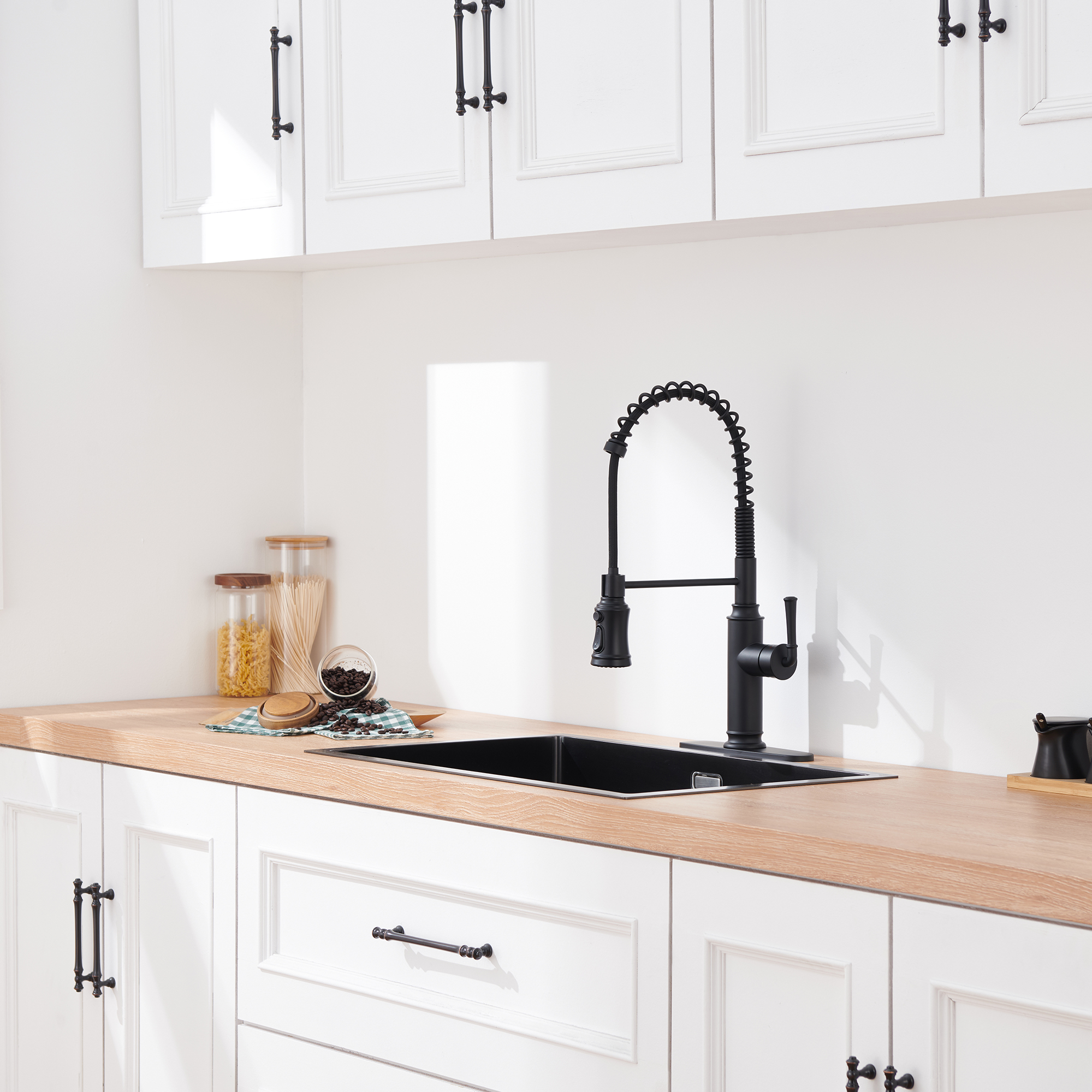 Mondawe Kitchen Faucets Commercial Single Handle Single Lever Pull Down Sprayer Spring Kitchen Sink Faucet