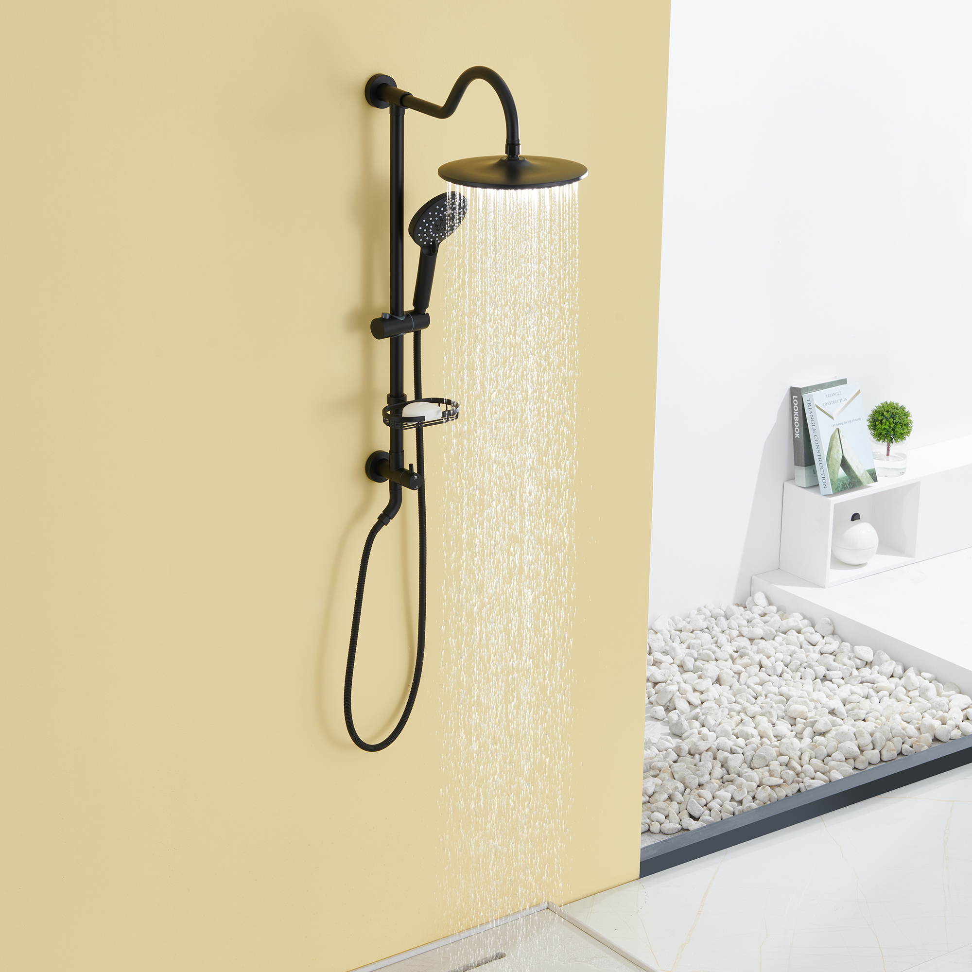 Mondawe ShowerSpas Shower System, with 10" Rain Showerhead, 4-Function Hand Shower, Adjustable Slide Bar and Soap Dish, Matte Black Finish