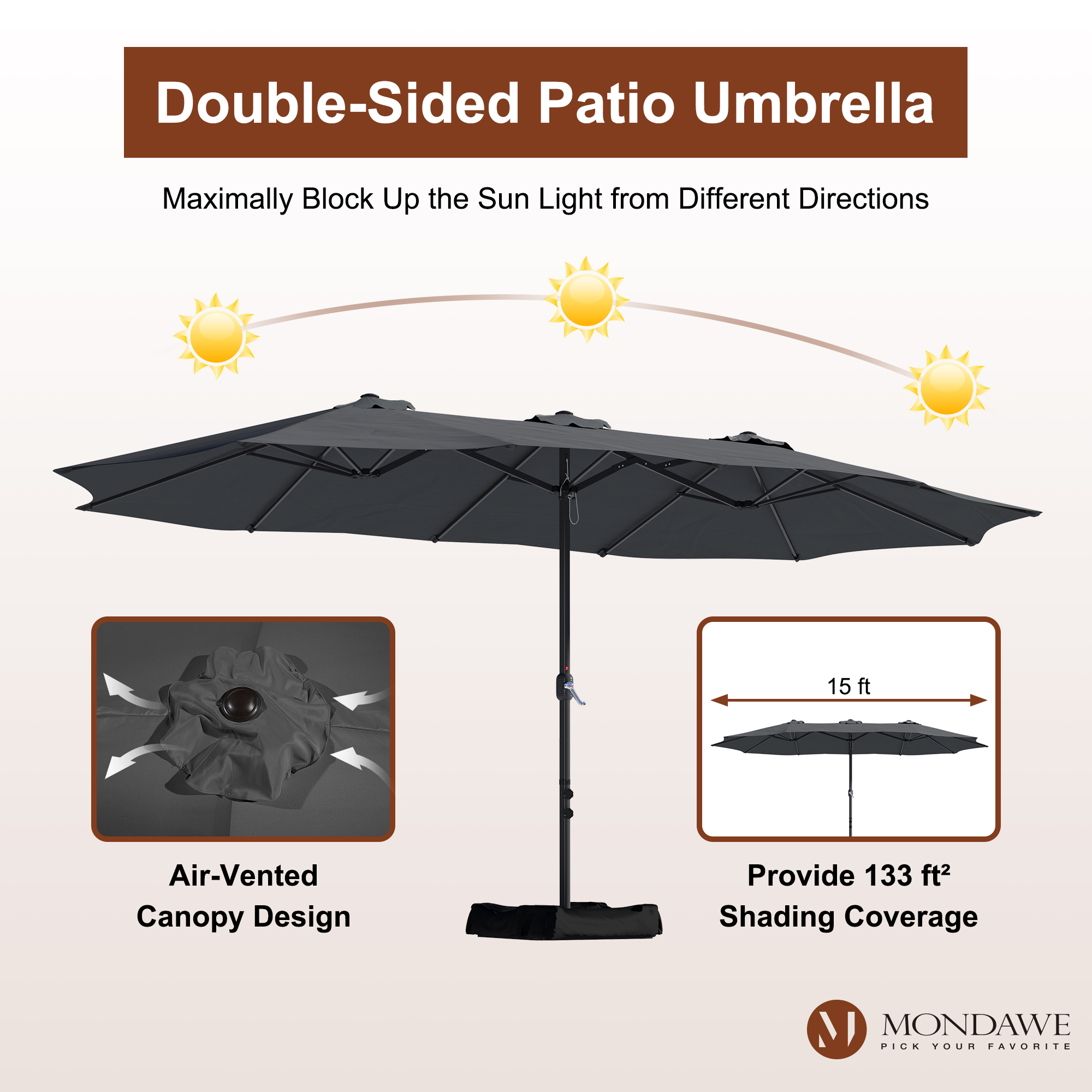 Mondawe 15ft Rectangular Patio Market Umbrella with Base-Mondawe