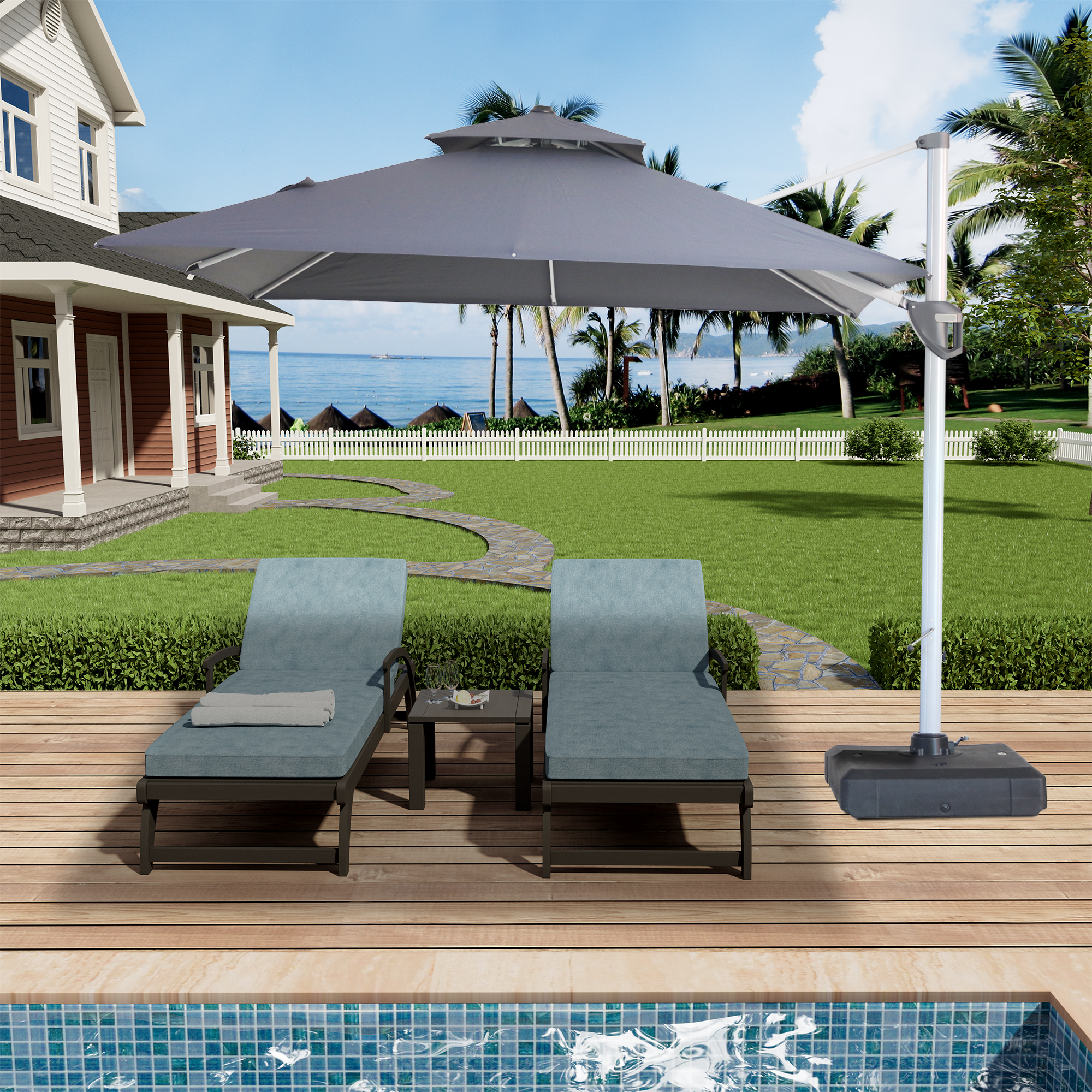 10/11ft Square Cantilever Patio Umbrella with 5 Adjustable Angles, Outdoor Sunshade with Base for Deck, Garden, or Pool