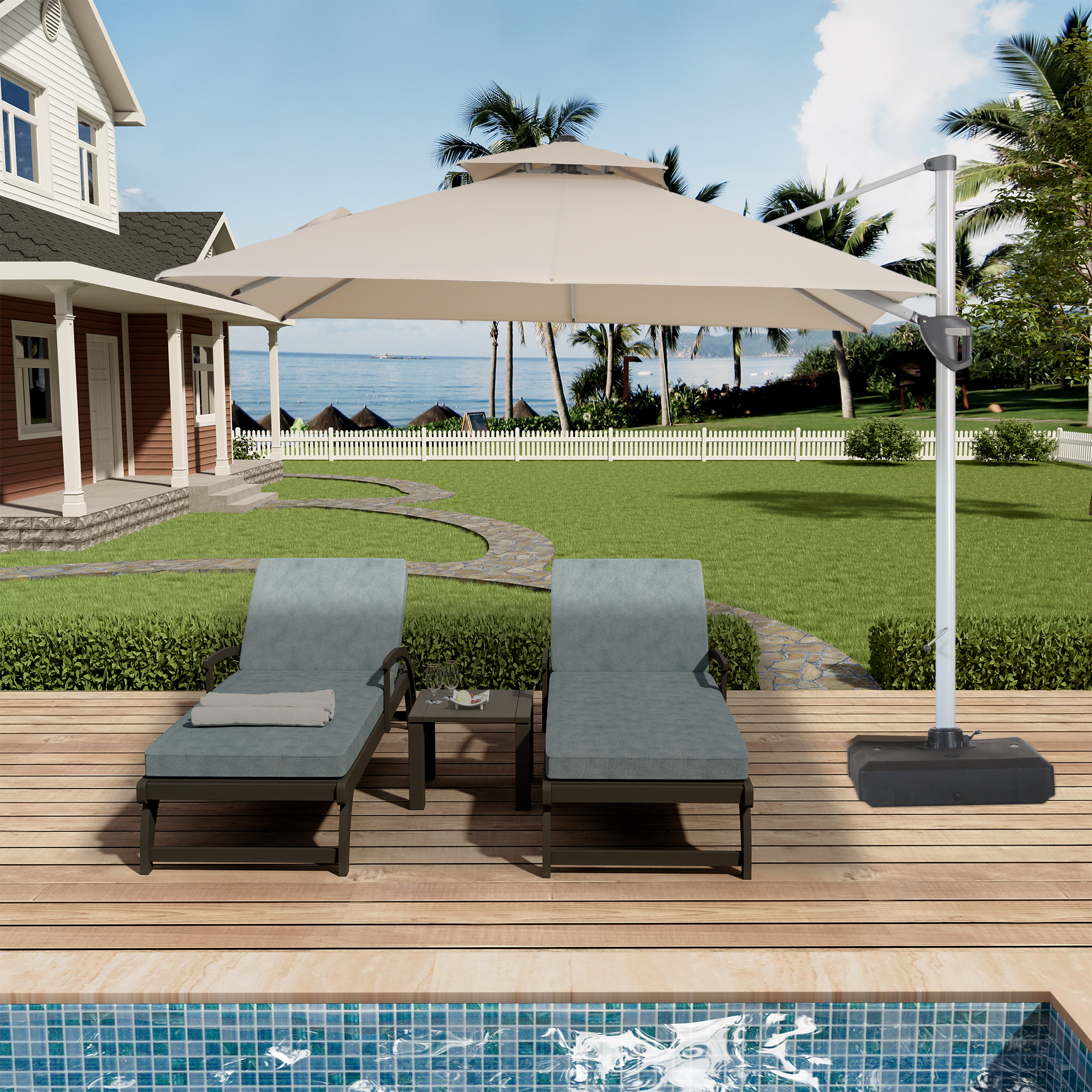 10/11ft Square Cantilever Patio Umbrella with 5 Adjustable Angles, Outdoor Sunshade with Base for Deck, Garden, or Pool