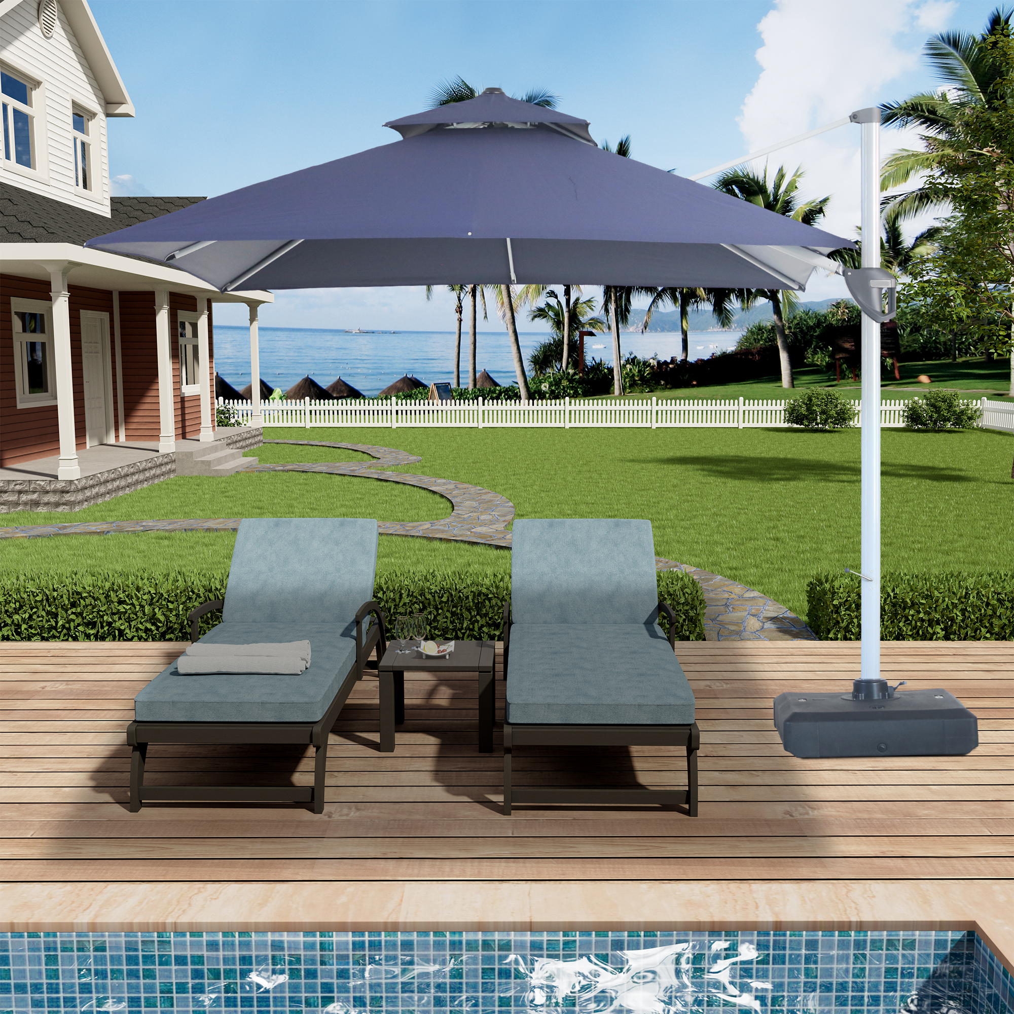 10/11ft Square Cantilever Patio Umbrella with 5 Adjustable Angles, Outdoor Sunshade with Base for Deck, Garden, or Pool