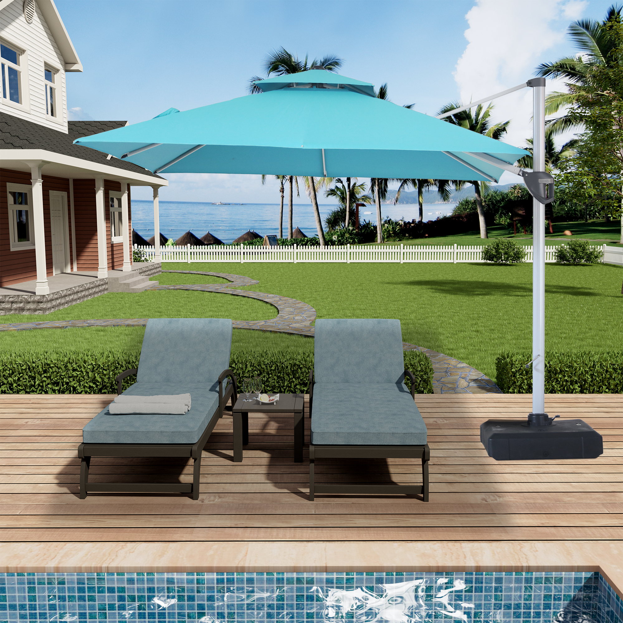 10/11ft Square Cantilever Patio Umbrella with 5 Adjustable Angles, Outdoor Sunshade with Base for Deck, Garden, or Pool