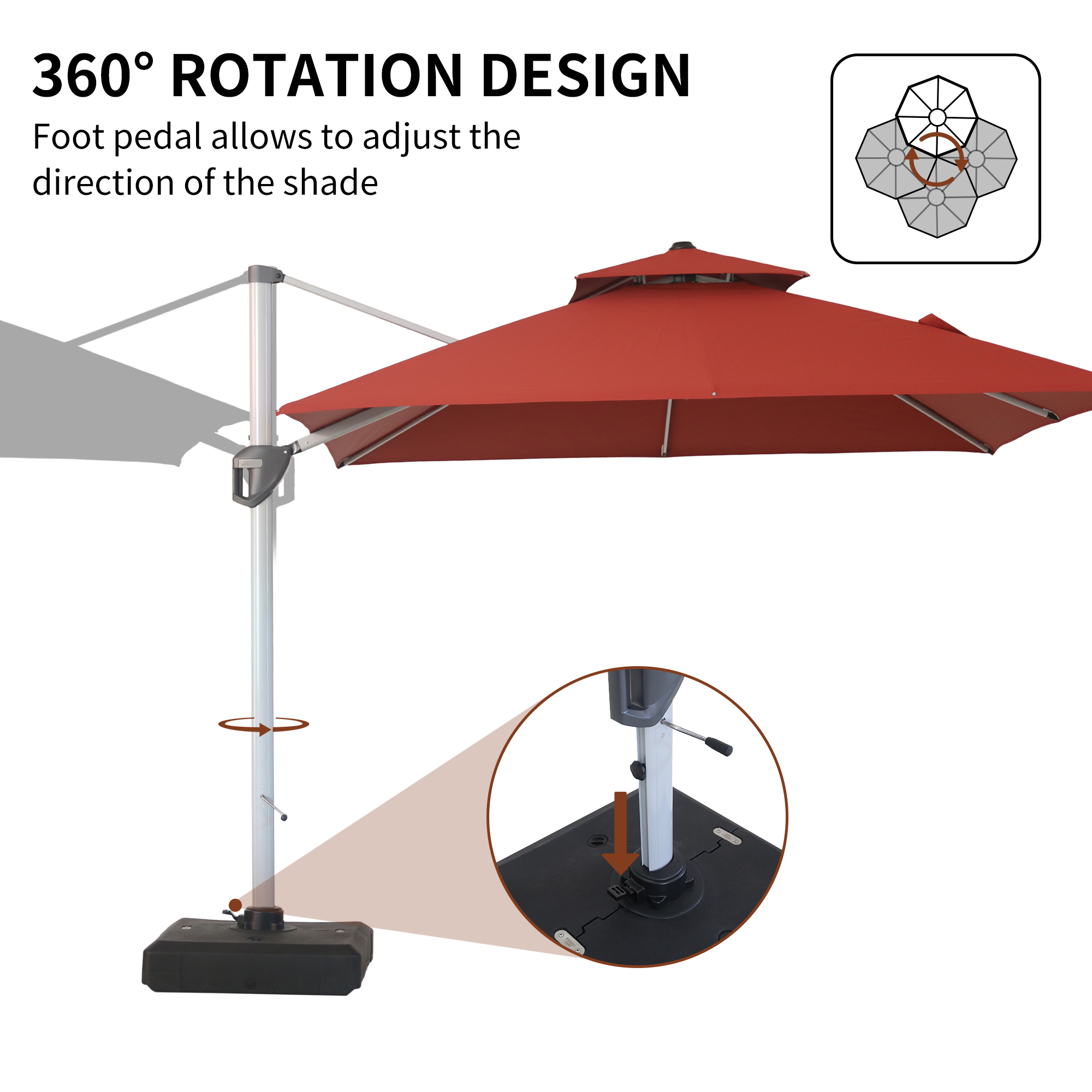 10/11ft Square Cantilever Patio Umbrella with 5 Adjustable Angles, Outdoor Sunshade with Base for Deck, Garden, or Pool