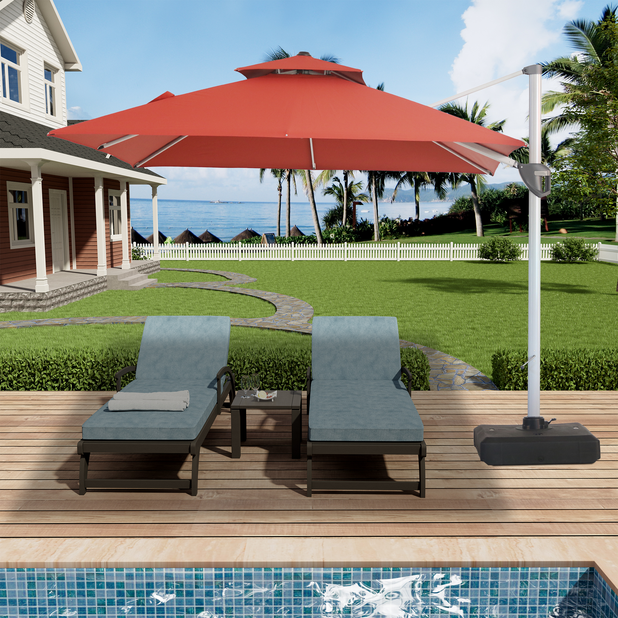 10/11ft Square Cantilever Patio Umbrella with 5 Adjustable Angles, Outdoor Sunshade with Base for Deck, Garden, or Pool