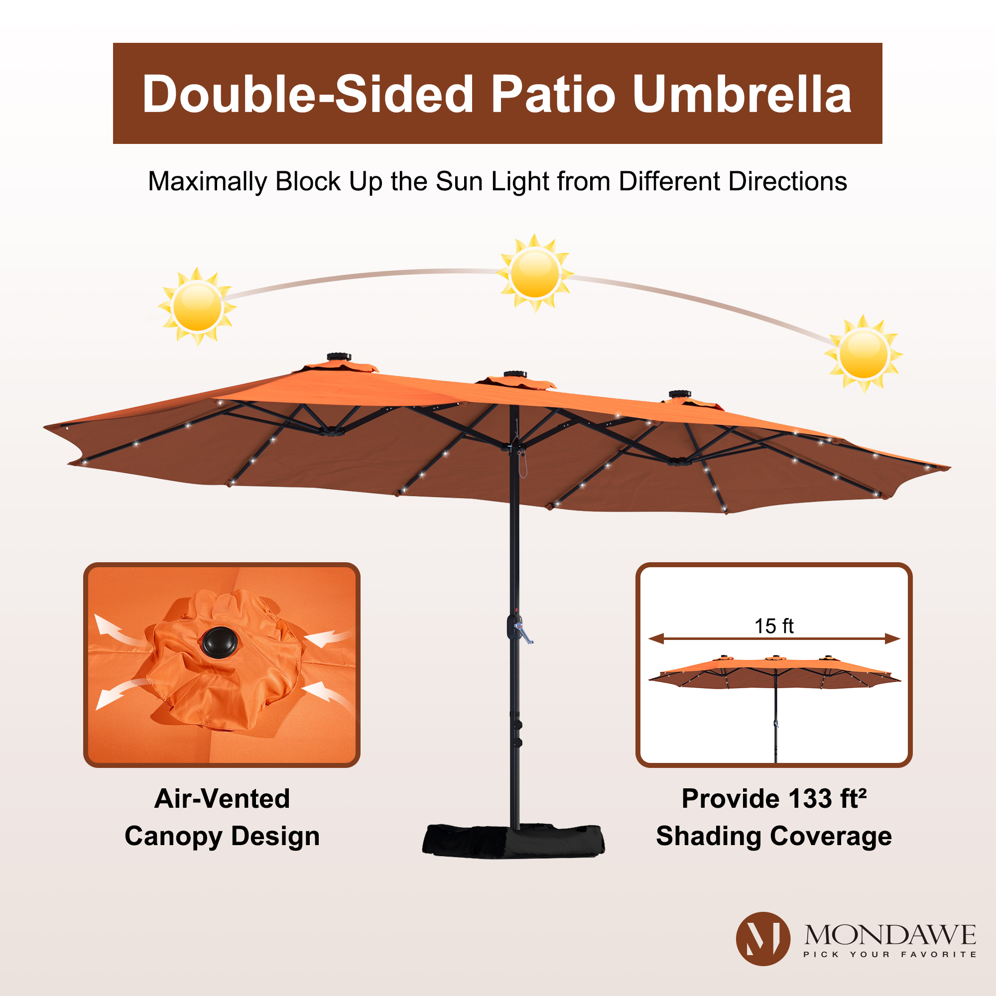 Mondawe 15ft Rectangular Patio Umbrella with Base and LED Lights-Mondawe