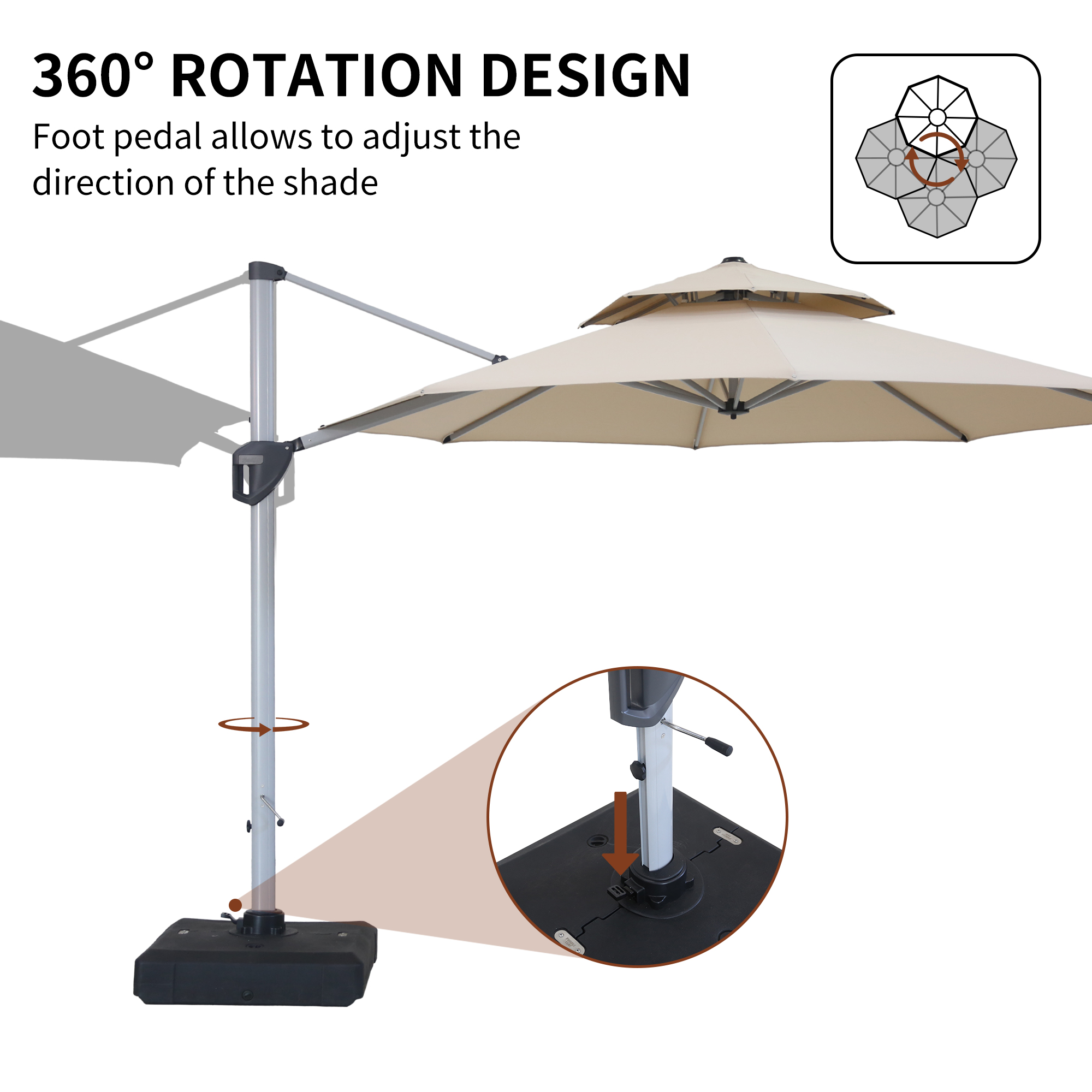 10/11ft Square Cantilever Patio Umbrella with 5 Adjustable Angles, Outdoor Sunshade with Base for Deck, Garden, or Pool
