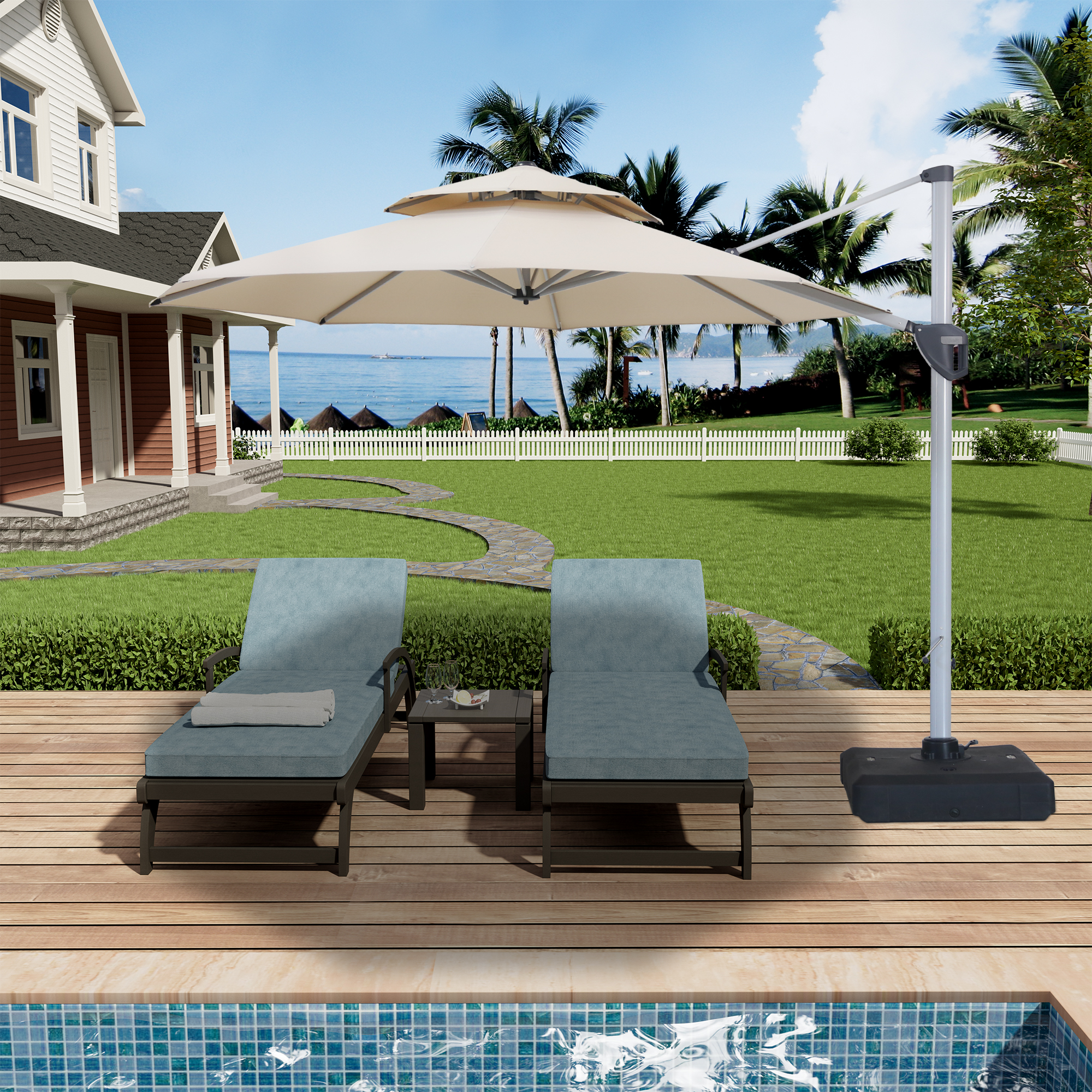 10/11ft Square Cantilever Patio Umbrella with 5 Adjustable Angles, Outdoor Sunshade with Base for Deck, Garden, or Pool