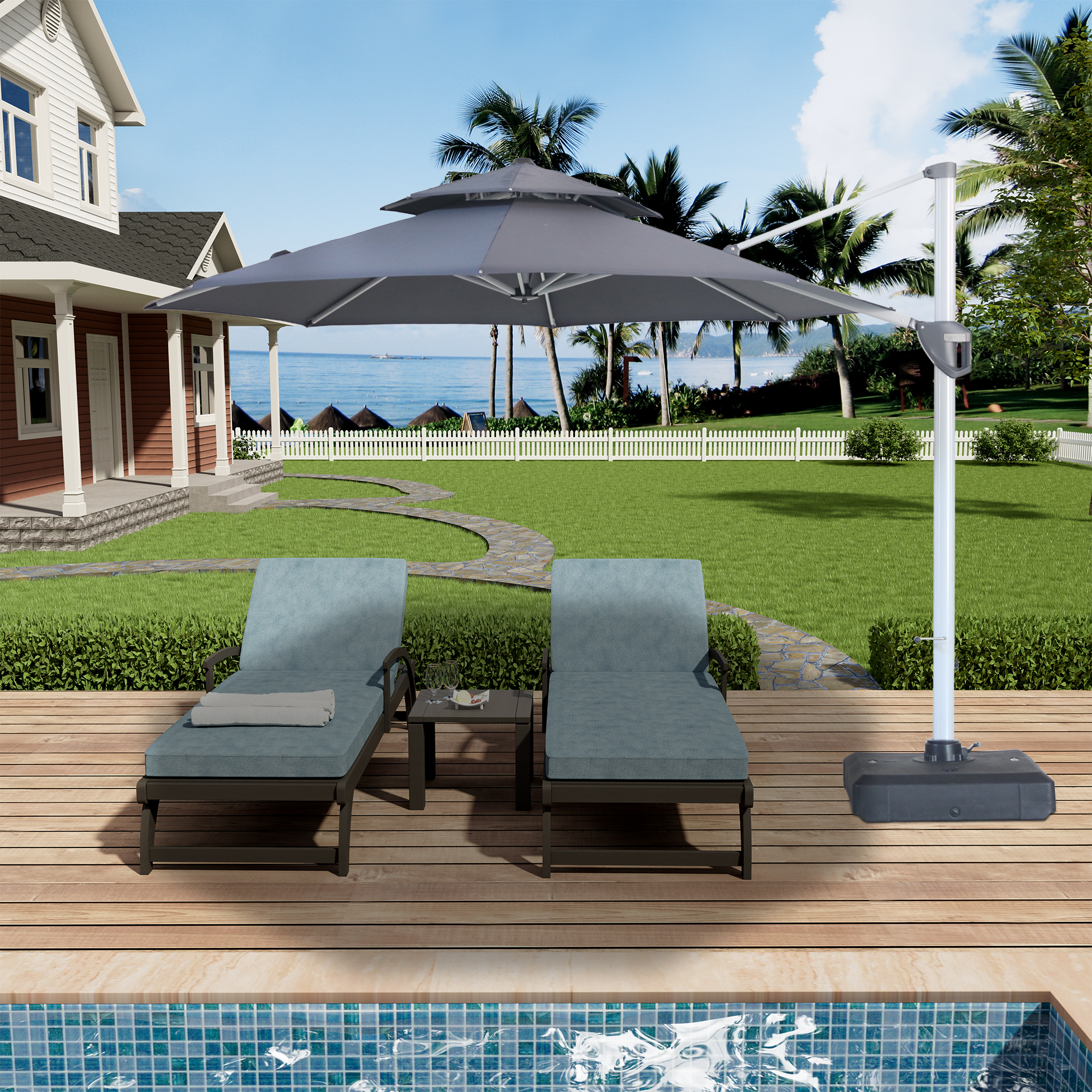 10/11ft Square Cantilever Patio Umbrella with 5 Adjustable Angles, Outdoor Sunshade with Base for Deck, Garden, or Pool