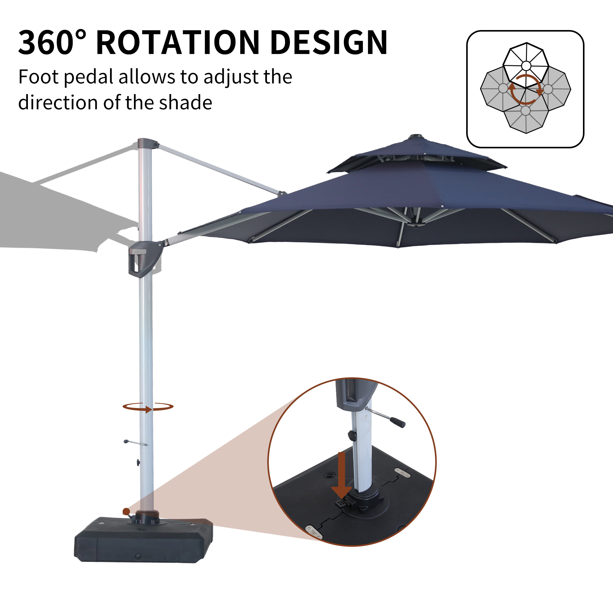 10/11ft Square Cantilever Patio Umbrella with 5 Adjustable Angles, Outdoor Sunshade with Base for Deck, Garden, or Pool