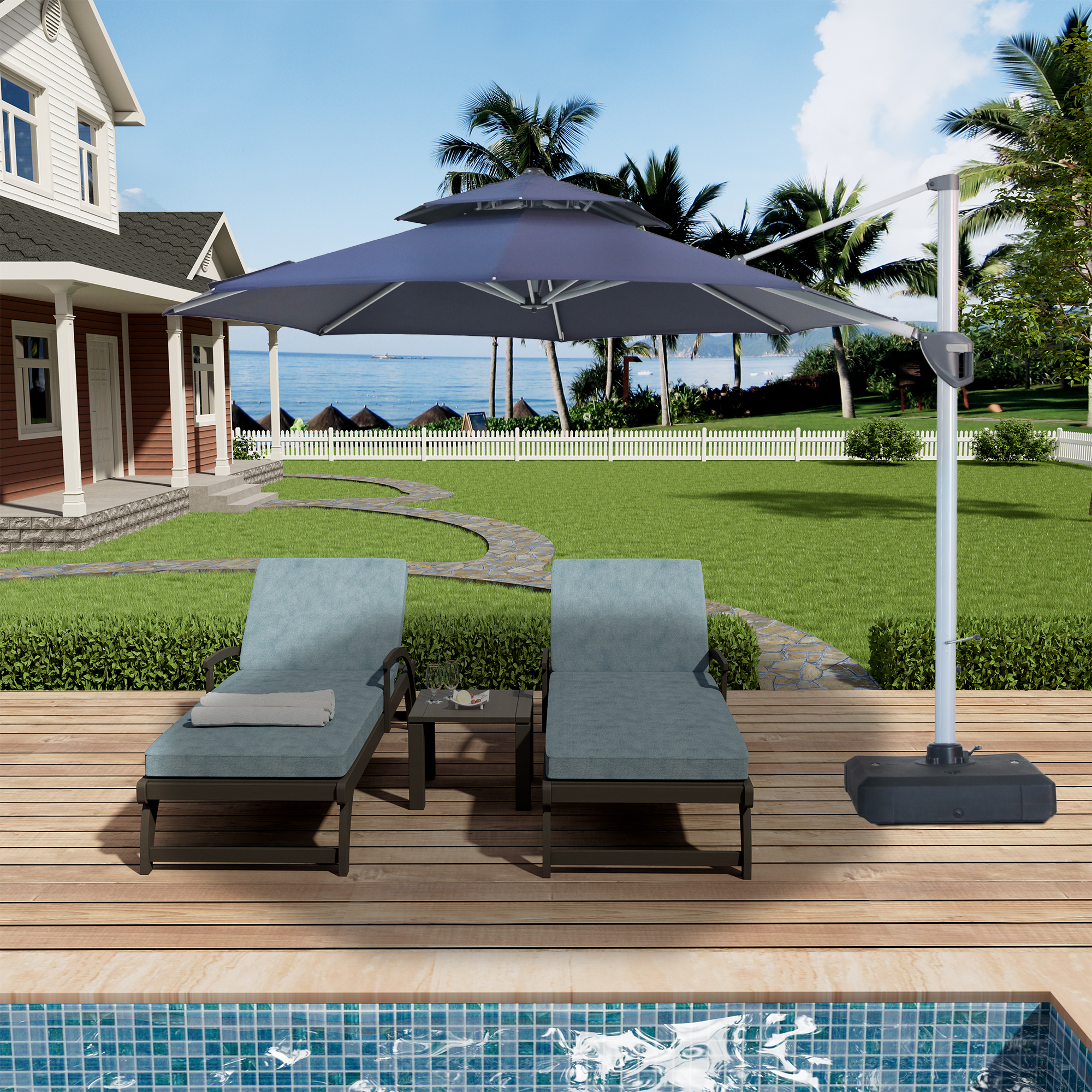 10/11ft Square Cantilever Patio Umbrella with 5 Adjustable Angles, Outdoor Sunshade with Base for Deck, Garden, or Pool