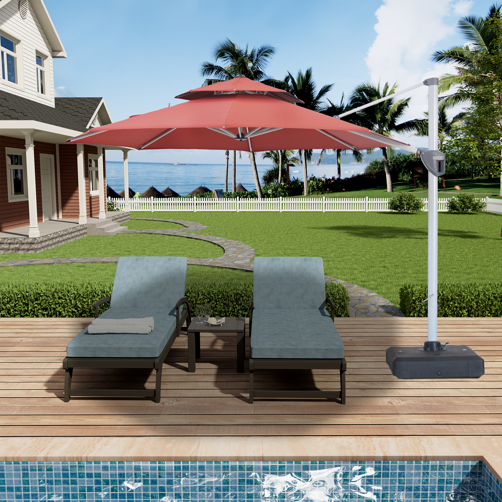 10/11ft Square Cantilever Patio Umbrella with 5 Adjustable Angles, Outdoor Sunshade with Base for Deck, Garden, or Pool