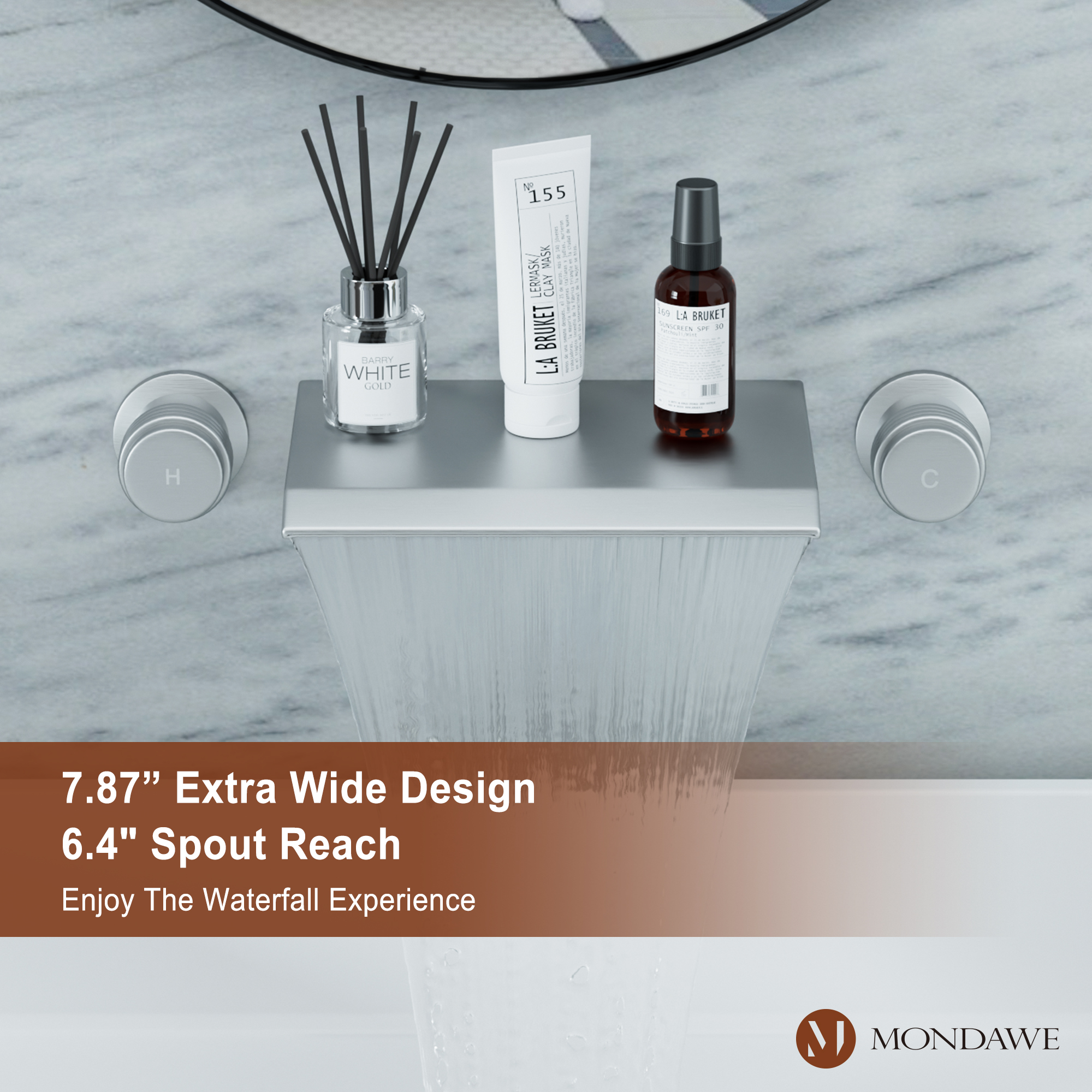 Wall Mount Sink Faucet Waterfall Roman Tub Filler Double-Handle Bathroom Basin Faucets with High Flow Rate