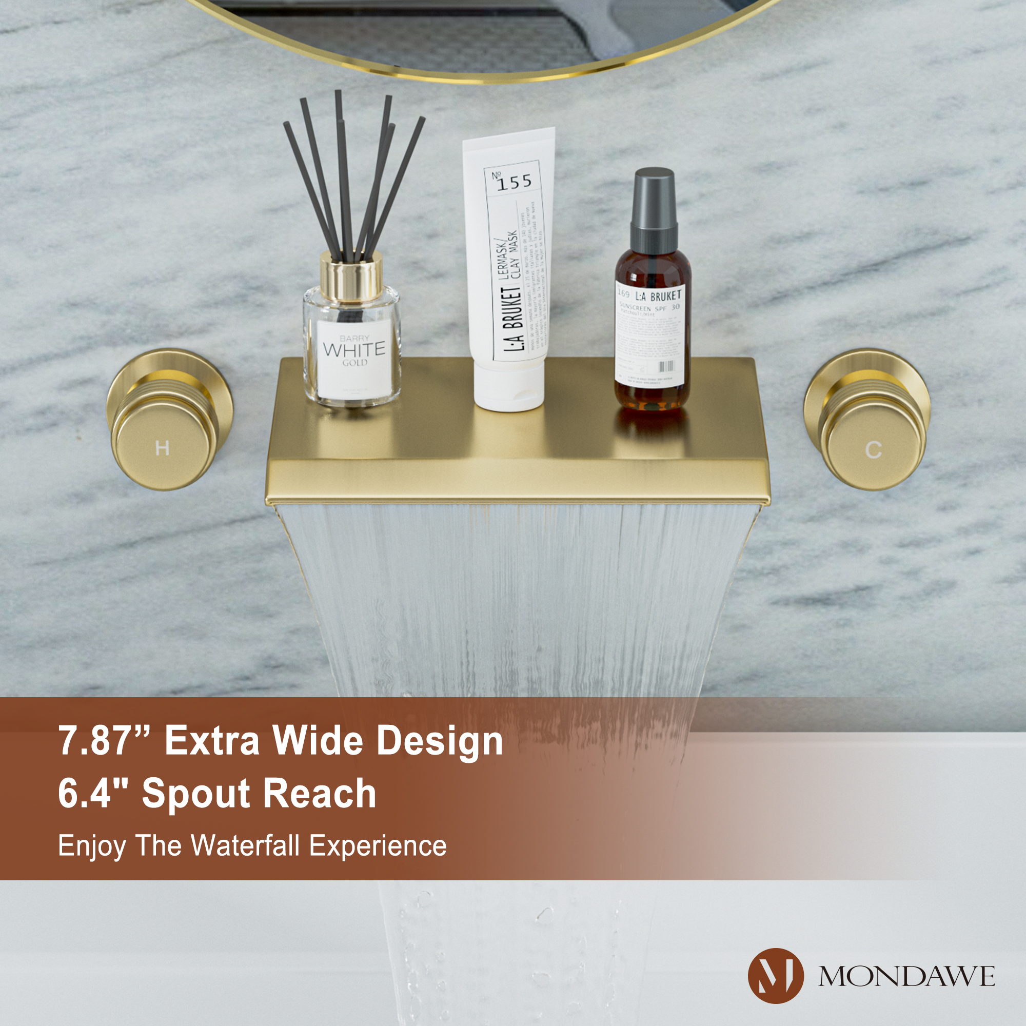 Wall Mount Sink Faucet Waterfall Roman Tub Filler Double-Handle Bathroom Basin Faucets with High Flow Rate