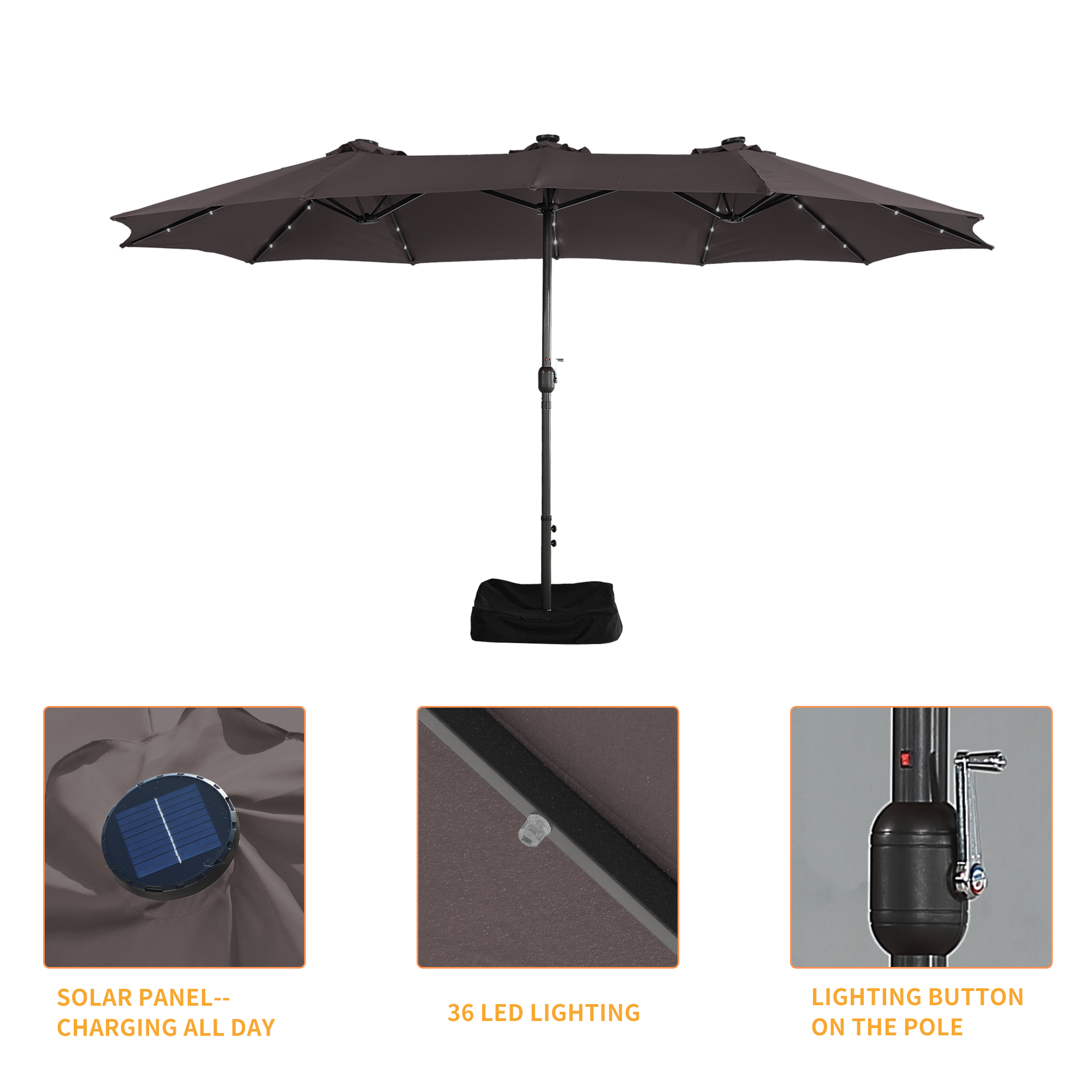 15ft Rectangular Patio Umbrella with Base and LED Lights