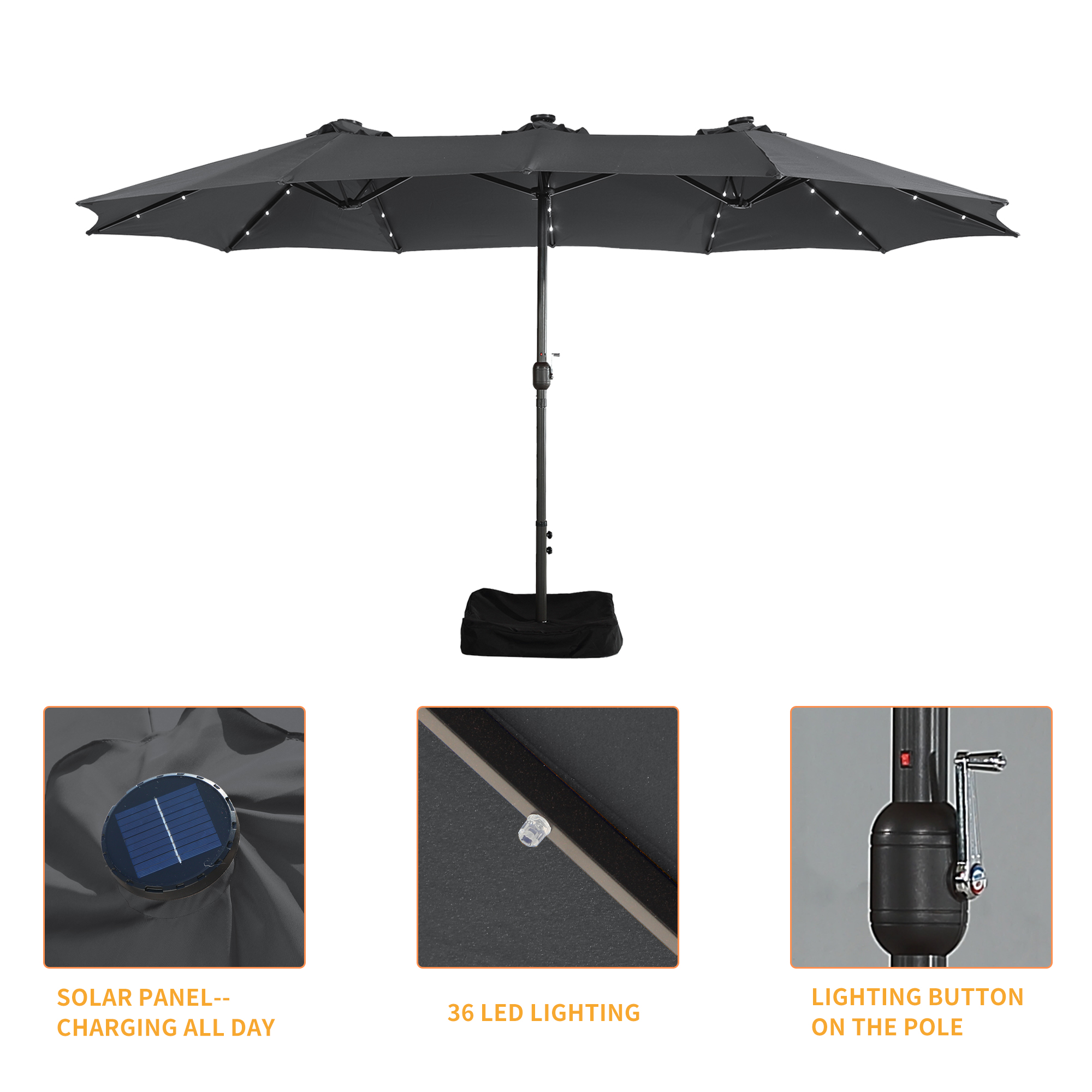 15ft Rectangular Patio Umbrella with Base and LED Lights