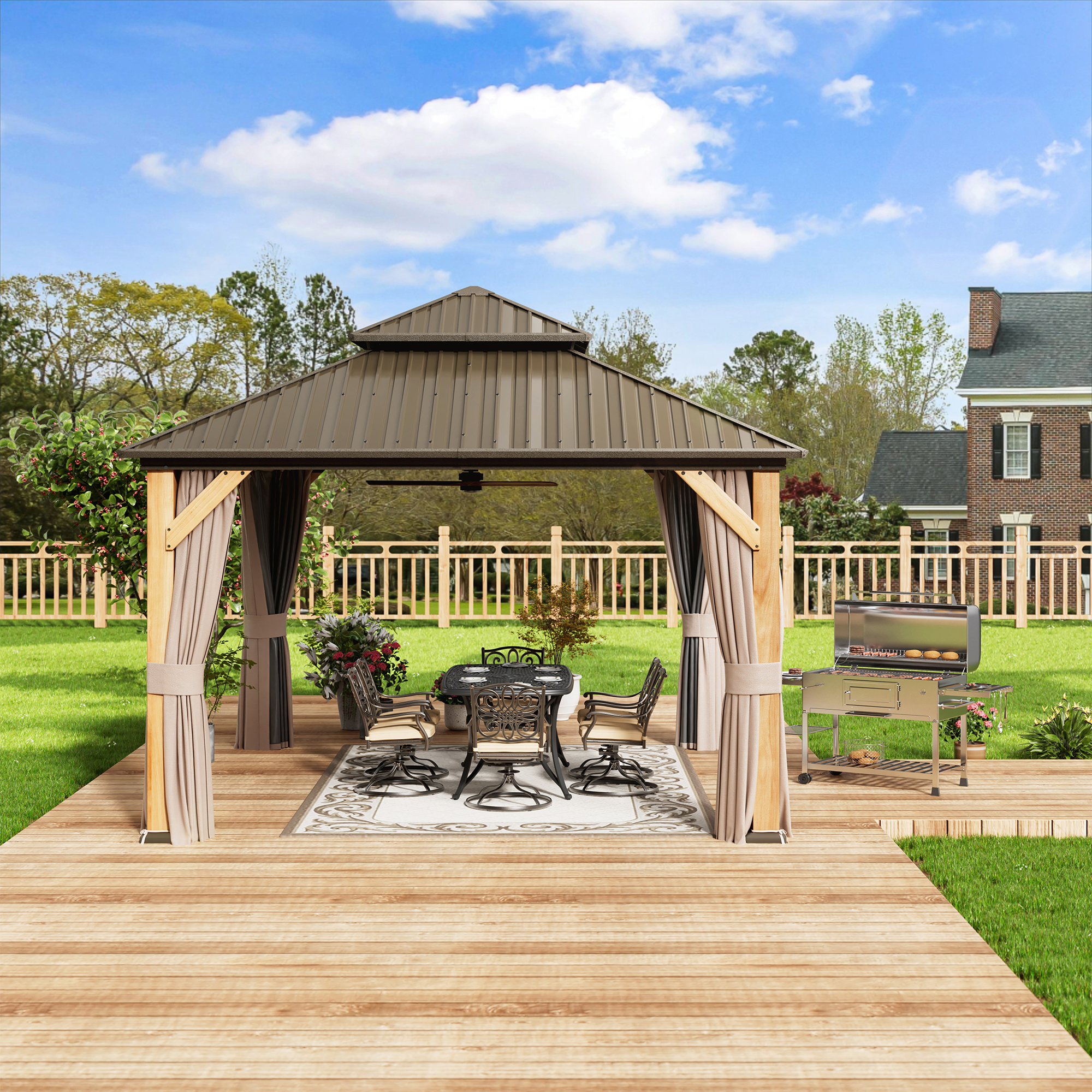 Cedar Frame Hard Top Gazebo with Galvanized Steel Double Roof, Curtain and Net, Outdoor Wooden Gazebo Pergola for Patio Lawn Backyard