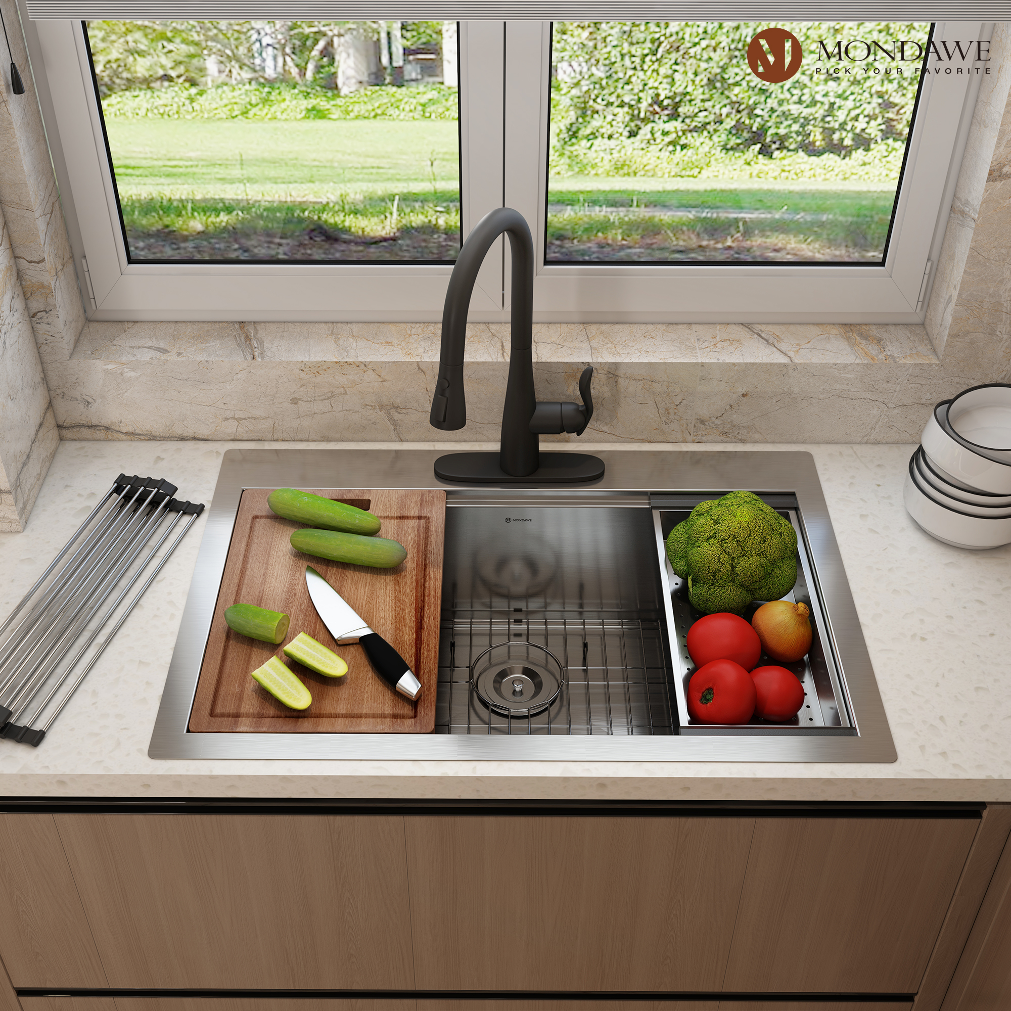 Drop-In 33-in x 22-in Brushed Stainless Steel Single Bowl Workstation Kitchen Sink-Mondawe