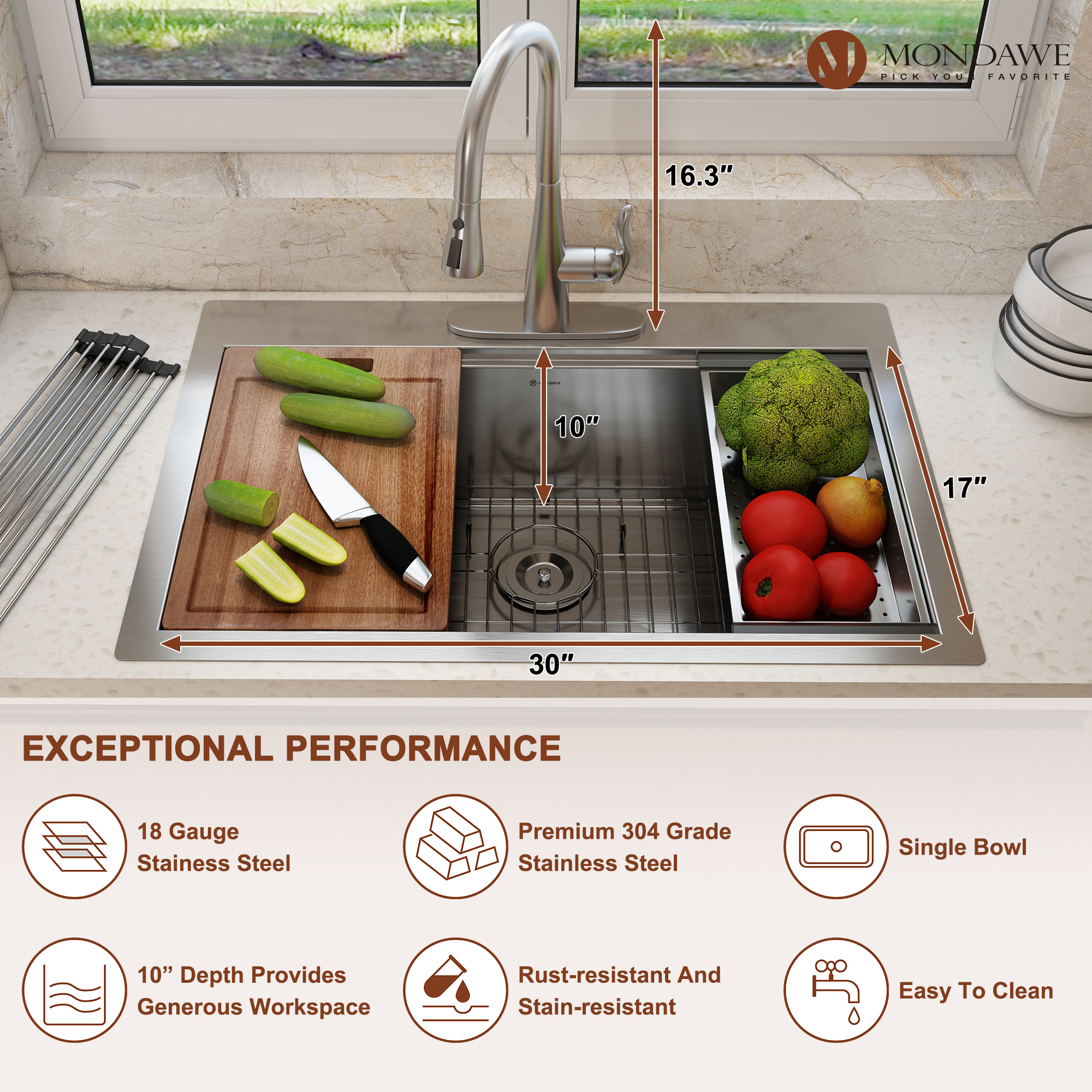 Drop-In 33-in x 22-in Brushed Stainless Steel Single Bowl Workstation Kitchen Sink-Mondawe